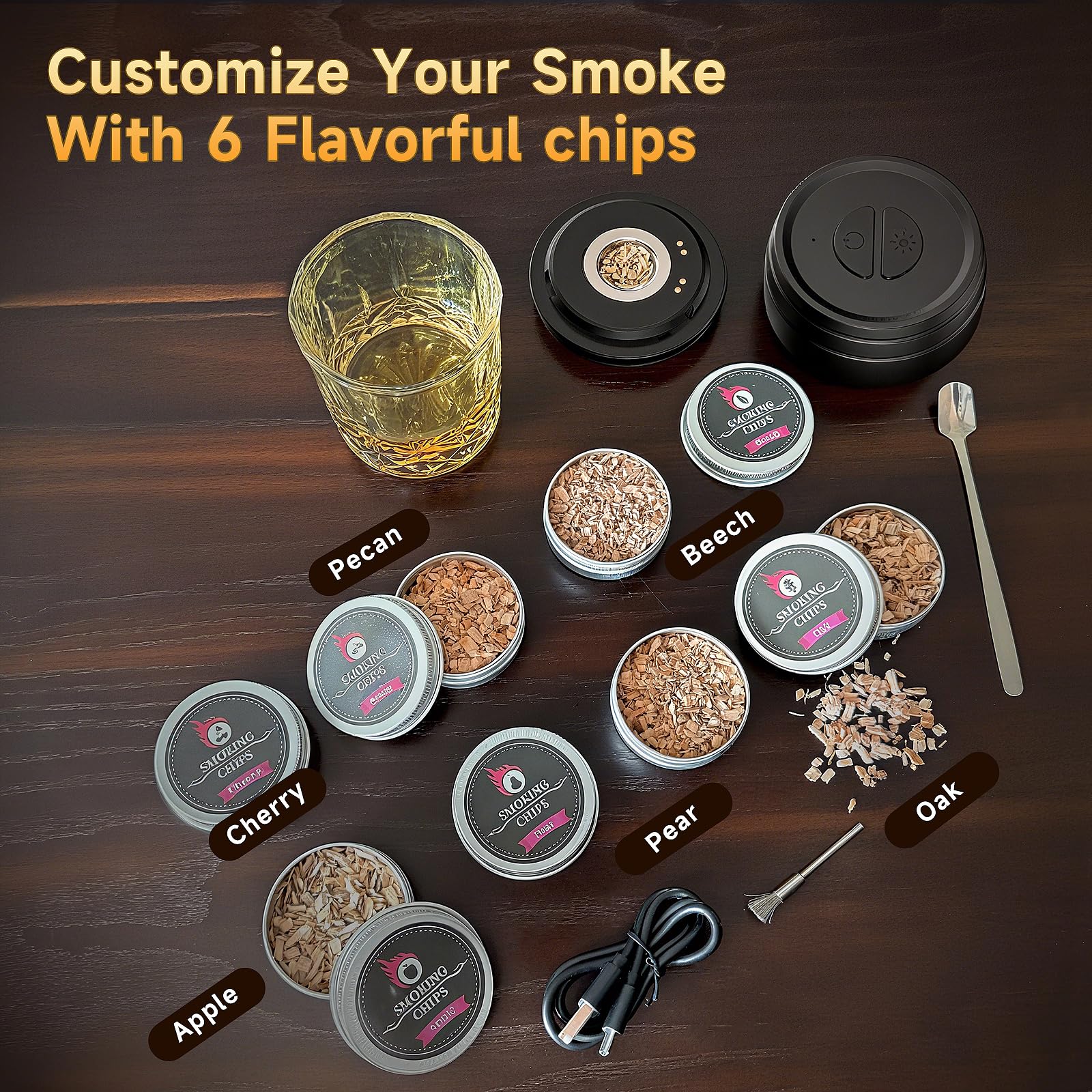 Electric Whiskey Smoker Kit Built-in Lighter, Rechargeable Old Fashioned Cocktail Bourbon Drink Smoker kit with 6 Wood Chips Birthday Gifts for Men Dad Husband Boyfriend Mens - Image 2