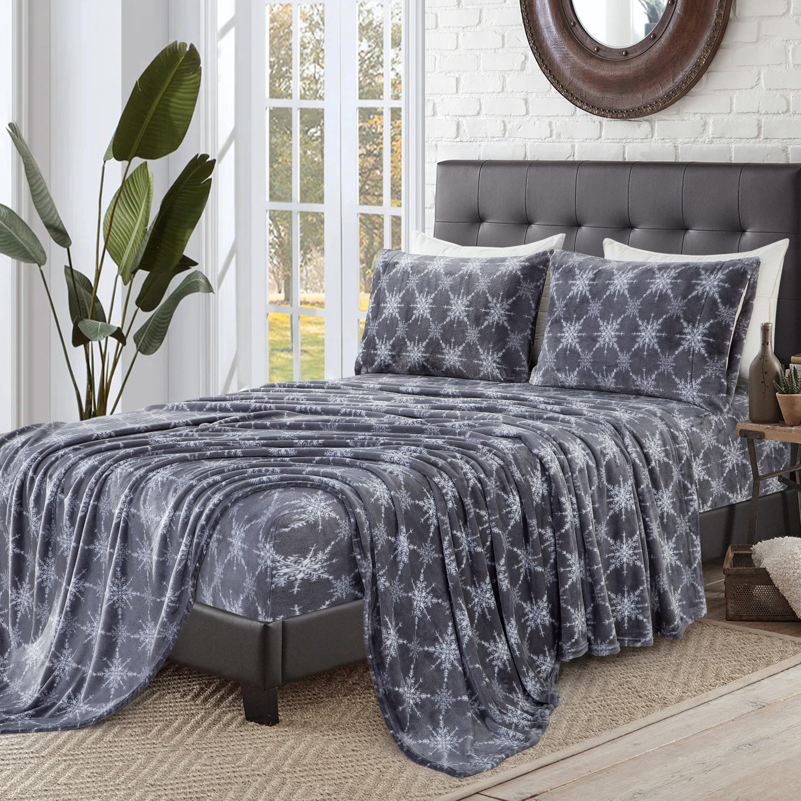 Elegant Comfort Luxuriously Soft 4-Piece Holiday Velvet Plush Flannel Sheet Set - Premium Quality - Cozy Warm, Christmas Fuzzy Velvet Flannel Fleece Deep Pocket Sheet Set - Queen, Gray Snowflake - Image 6