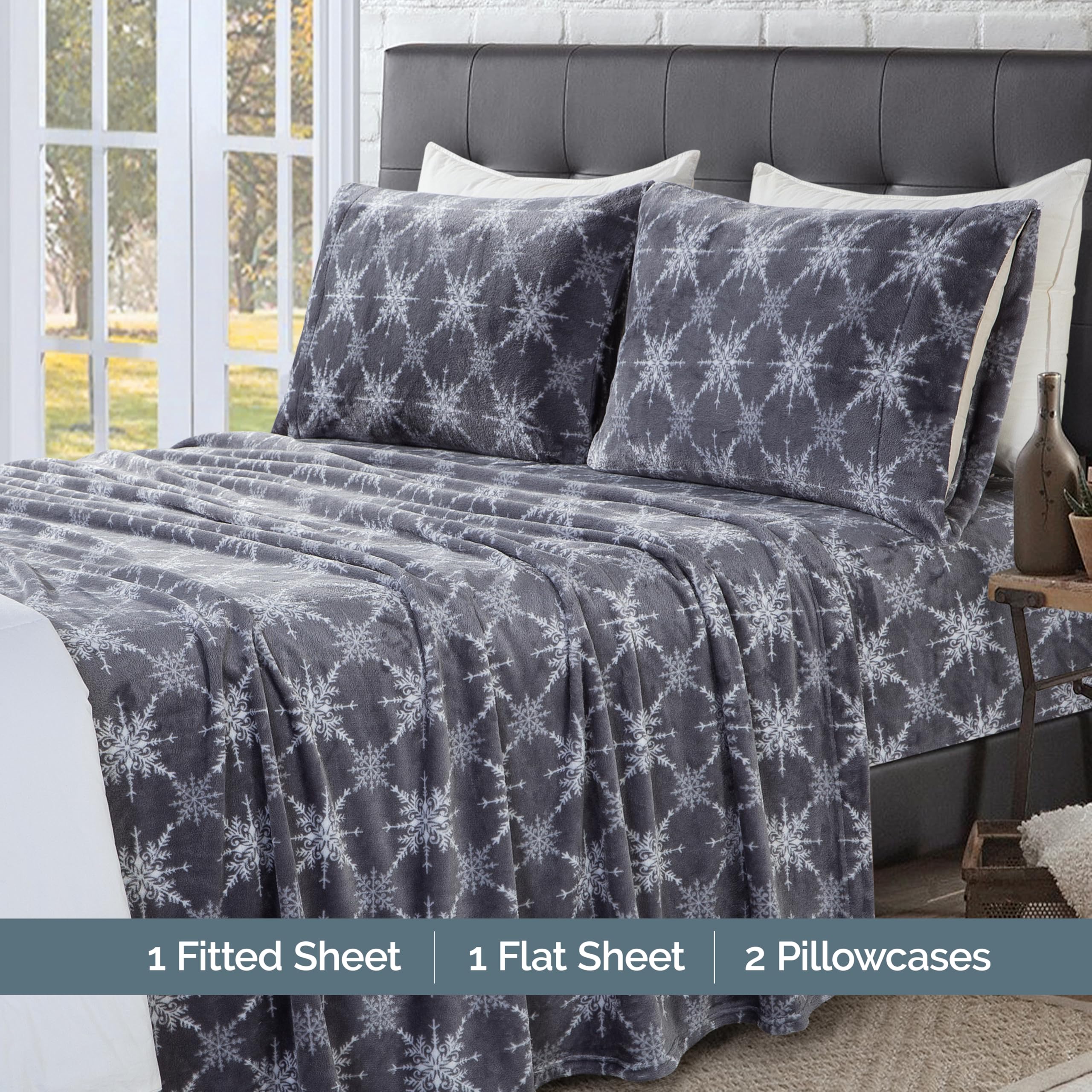 Elegant Comfort Luxuriously Soft 4-Piece Holiday Velvet Plush Flannel Sheet Set - Premium Quality - Cozy Warm, Christmas Fuzzy Velvet Flannel Fleece Deep Pocket Sheet Set - Queen, Gray Snowflake - Image 8