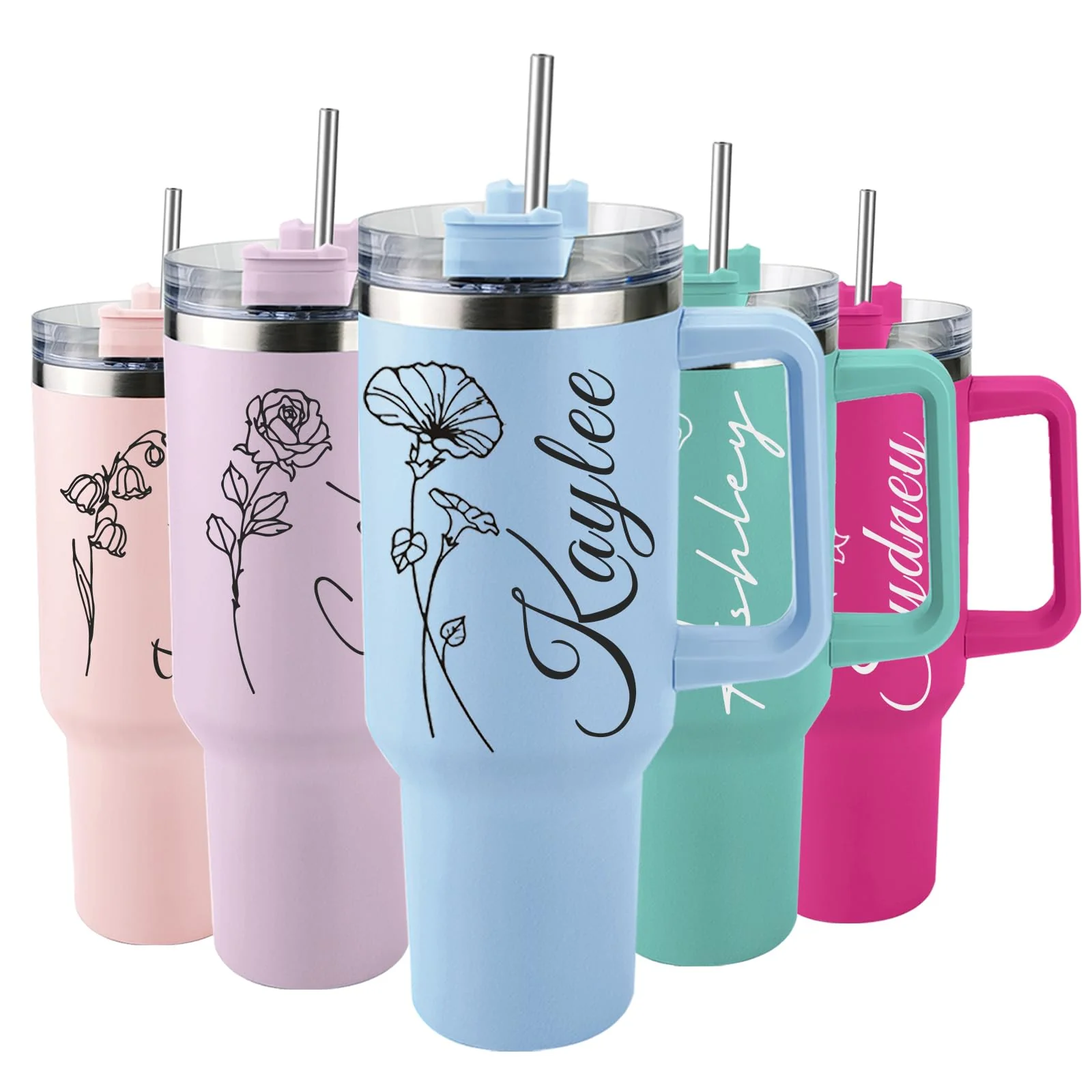 Elemtansy Personalized 40 Oz Tumbler with Handle and Straw, Custom Cup with Name & Birth Flower, Stainless Steel Travel Coffee Tumbler,Personalized Christmas Birthday Gifts for Women, Teen Girls
