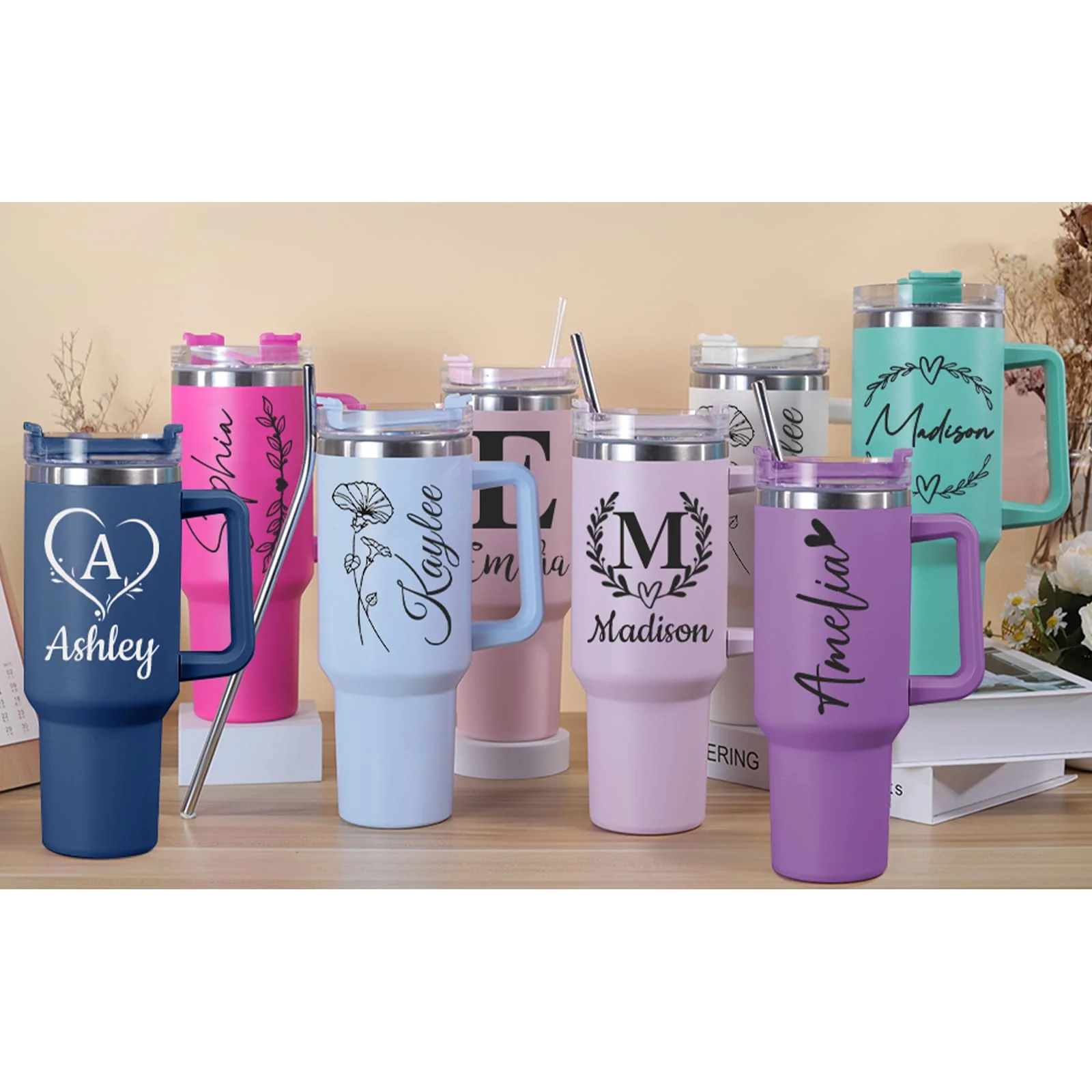 Elemtansy Personalized 40 Oz Tumbler with Handle and Straw, Custom Cup with Name & Birth Flower, Stainless Steel Travel Coffee Tumbler,Personalized Christmas Birthday Gifts for Women, Teen Girls - Image 5