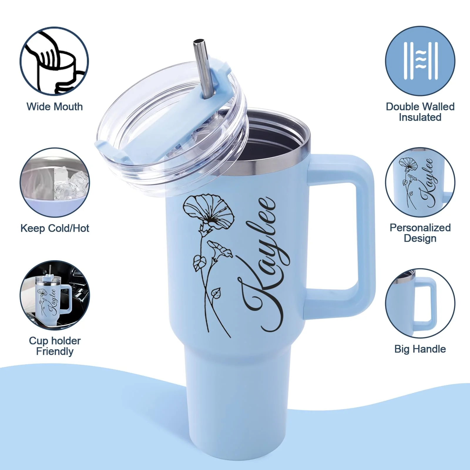 Elemtansy Personalized 40 Oz Tumbler with Handle and Straw, Custom Cup with Name & Birth Flower, Stainless Steel Travel Coffee Tumbler,Personalized Christmas Birthday Gifts for Women, Teen Girls - Image 7