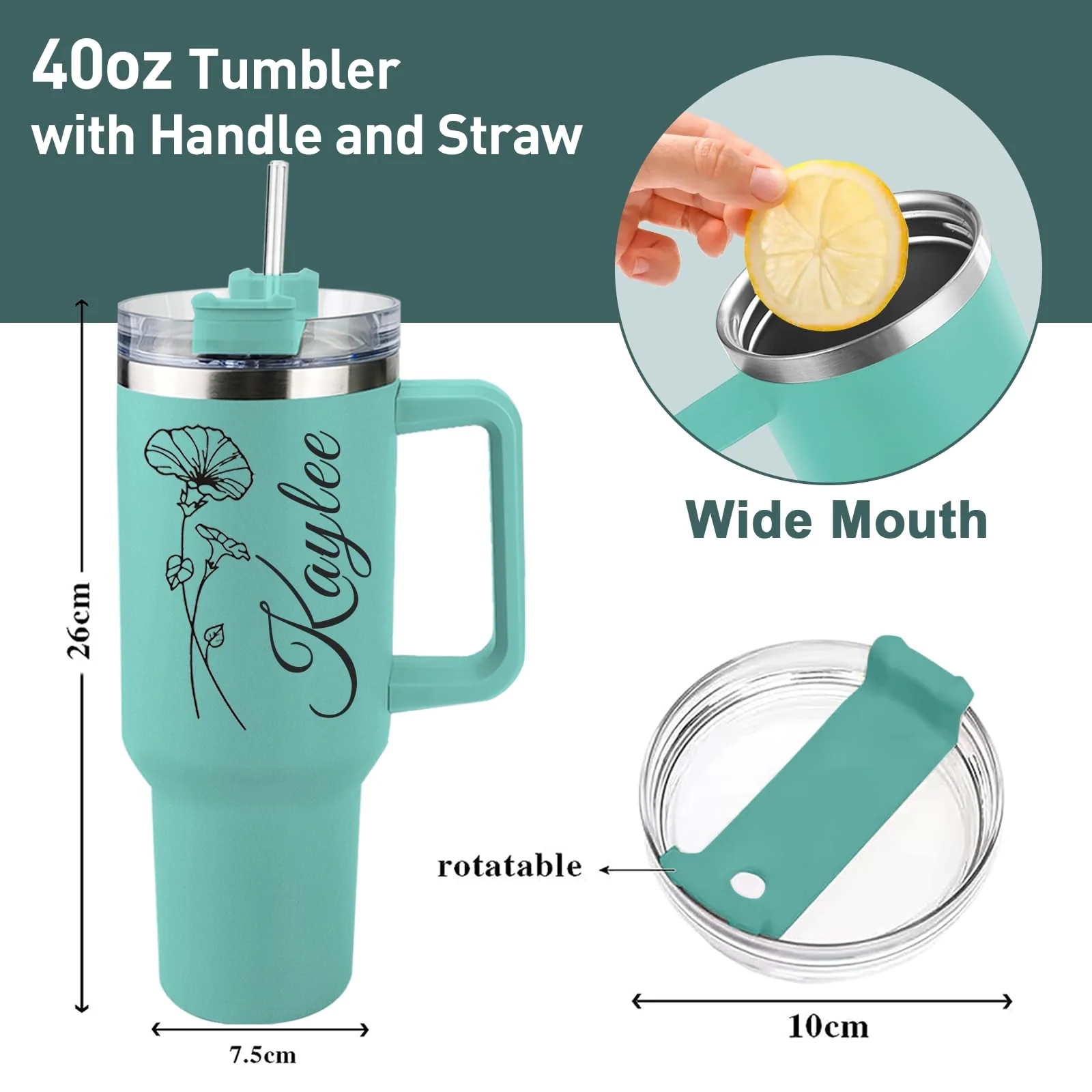 Elemtansy Personalized 40 Oz Tumbler with Handle and Straw, Custom Cup with Name & Birth Flower, Stainless Steel Travel Coffee Tumbler,Personalized Christmas Birthday Gifts for Women, Teen Girls - Image 8
