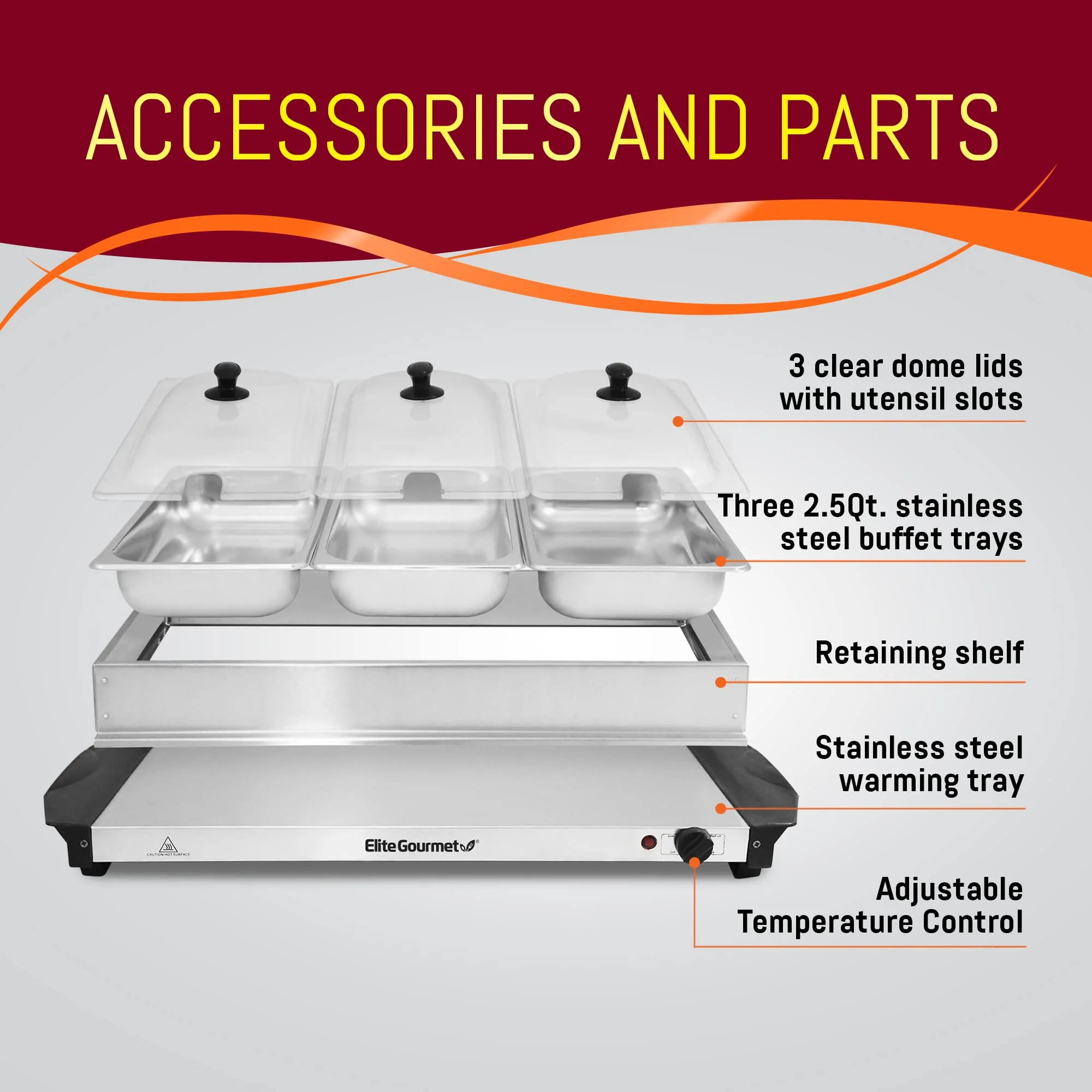 Elite Gourmet EWM-6171 Triple 3 x 2.5 Qt. Trays, Buffet Server, Food Warmer Temperature Control, Clear Slotted Lids, Perfect for Parties, Entertaining & Holidays, 7.5 Qt Total, Stainless Steel - Image 8