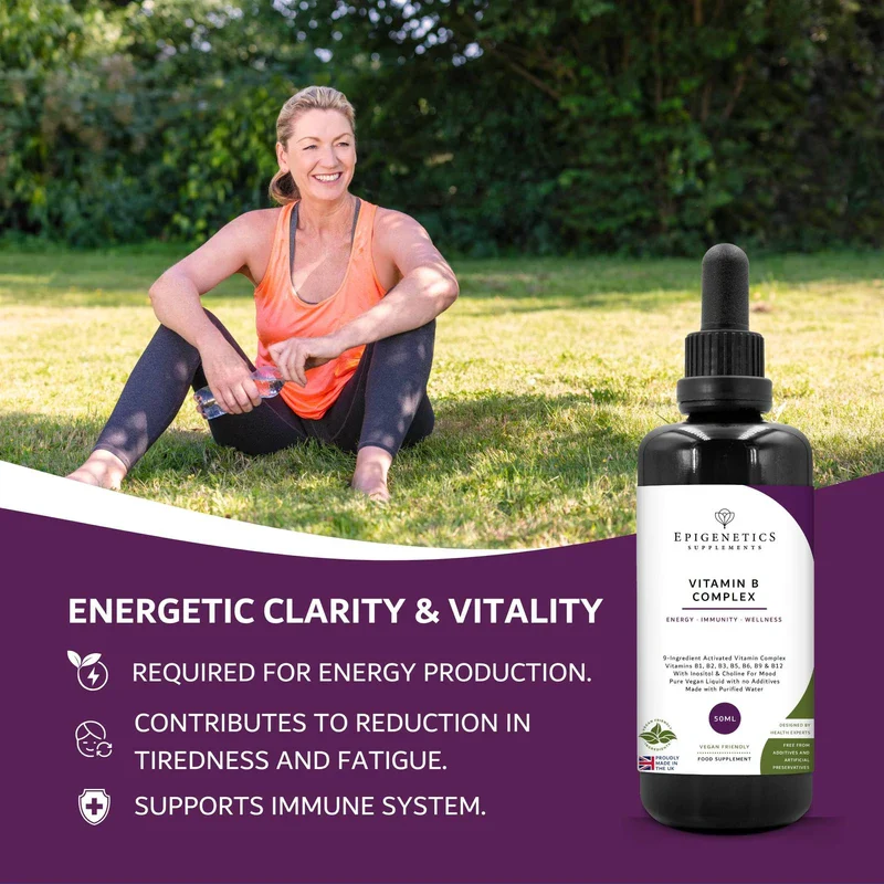 Epigenetics Vitamin B Complex Liquid Drops 50ml | 2 Months Supply, 66 Servings. High Strength Vitamin B12 Methylcobalamin & Adenosylcobalamin, B1, B2, B3, B5, B6 with Choline, Folic Acid | UK Made & Vegan - Image 2