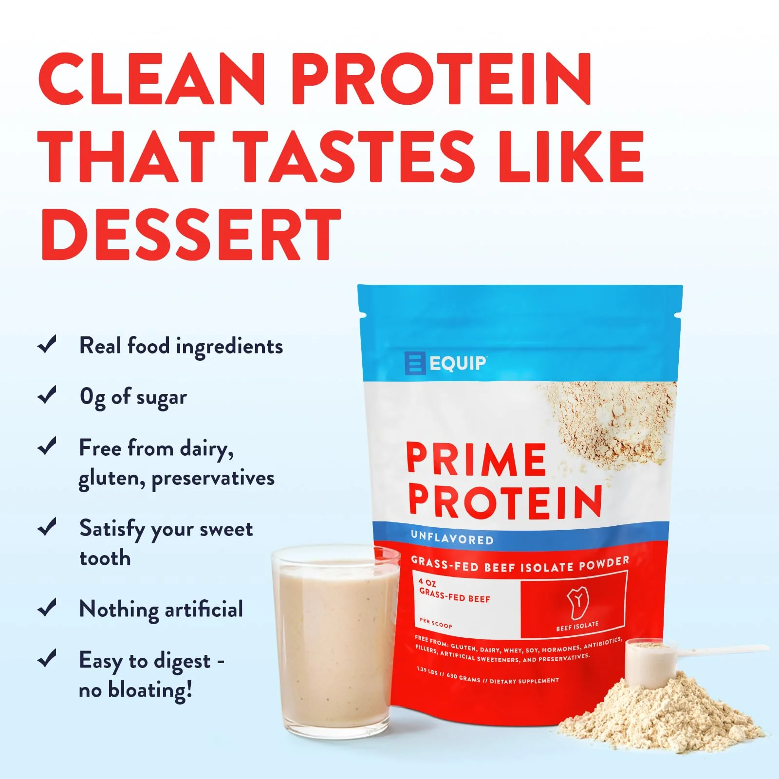 Equip Foods Prime Protein Powder | Clean, Grass Fed Beef Protein Isolate | Carnivore Protein Powder | Paleo, Keto Friendly | Gluten, Dairy Free | Helps Build & Repair Tissue | 30 Servings, Unflavored - Image 6