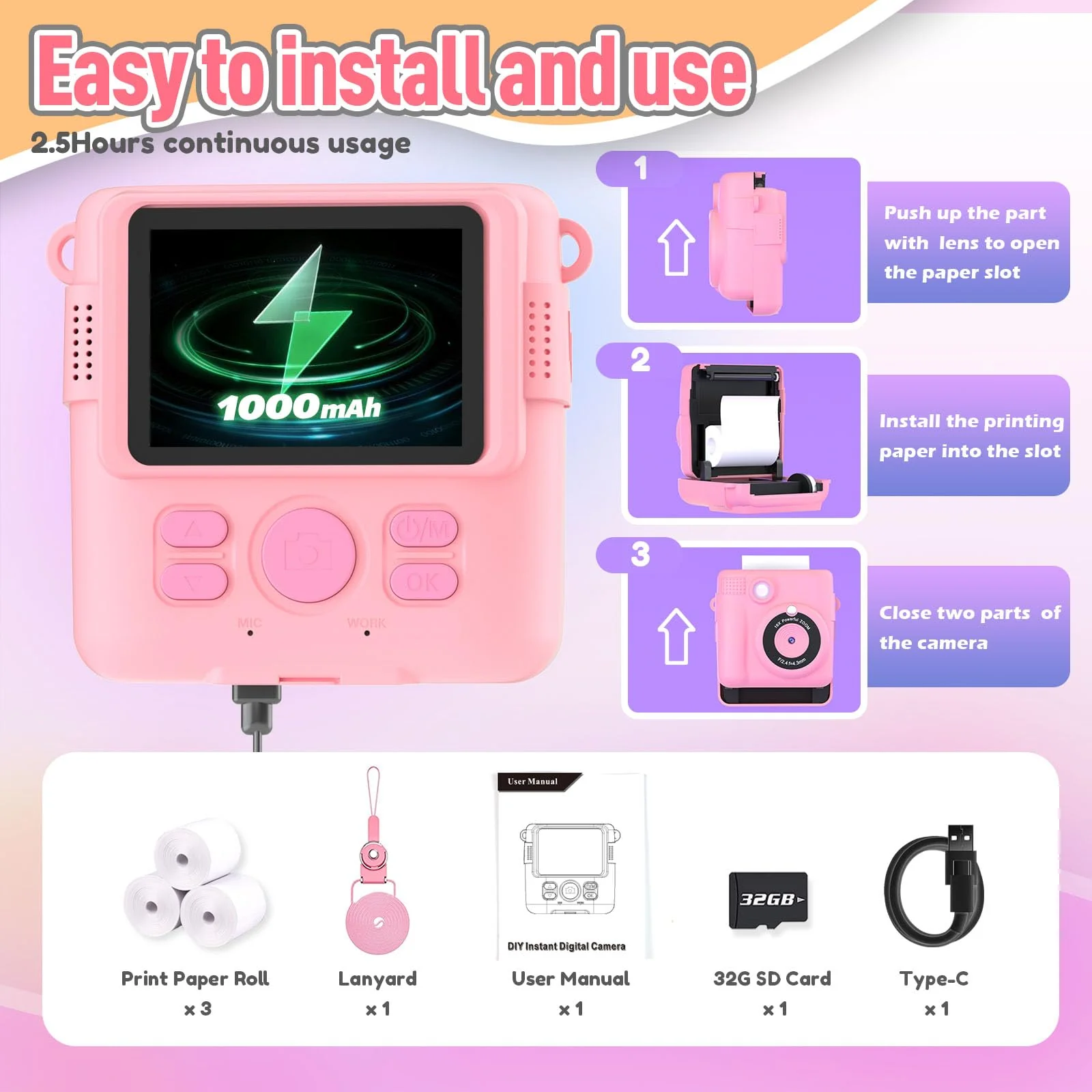 ESOXOFFORE Instant Print Camera for Kids, Christmas Birthday Gifts Girls Boys Age 3-12, HD Digital Video Cameras Toddler, Portable Toy 3 4 5 6 7 8 9 10 Year Old Girl with 32GB SD Card-Pink - Image 3