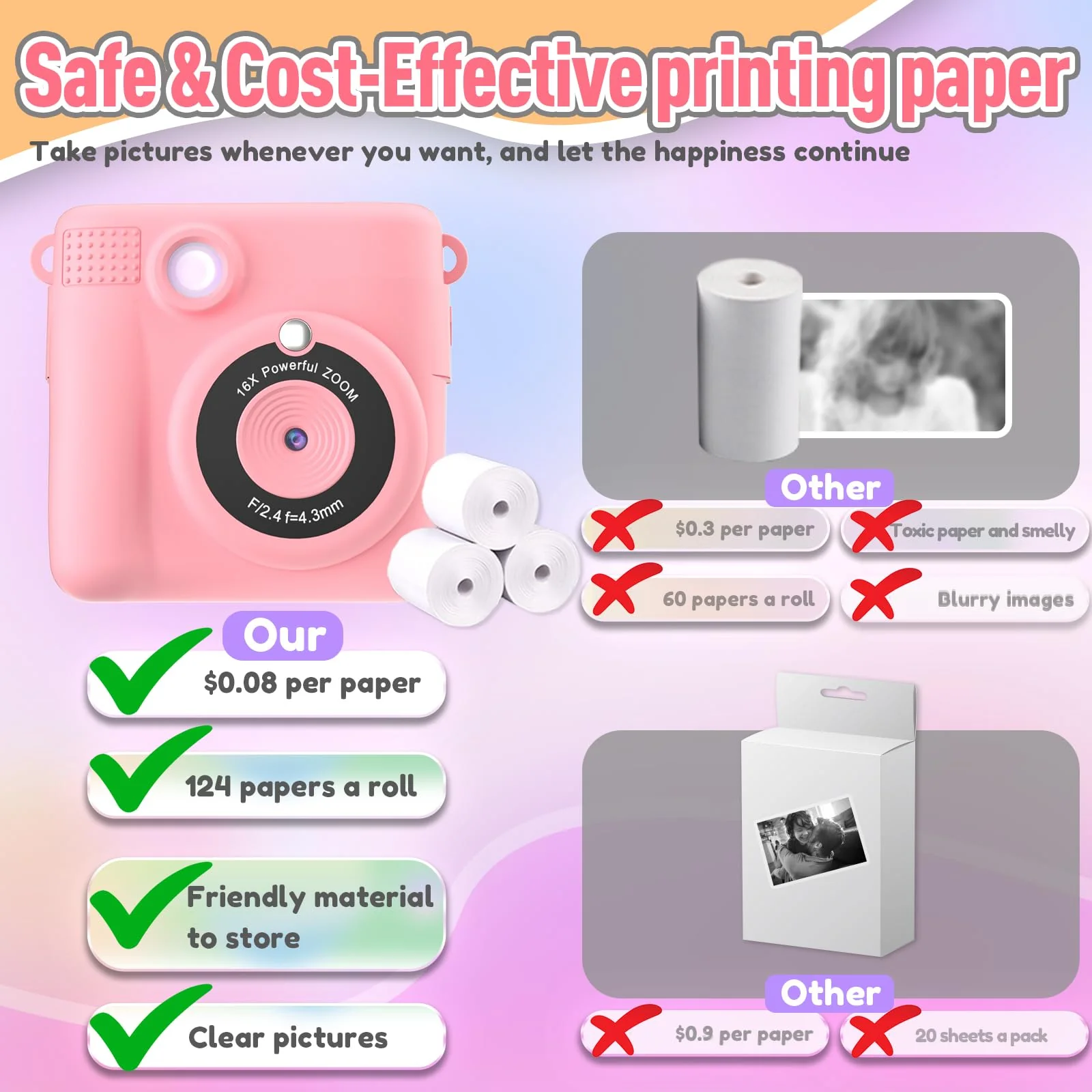 ESOXOFFORE Instant Print Camera for Kids, Christmas Birthday Gifts Girls Boys Age 3-12, HD Digital Video Cameras Toddler, Portable Toy 3 4 5 6 7 8 9 10 Year Old Girl with 32GB SD Card-Pink - Image 4