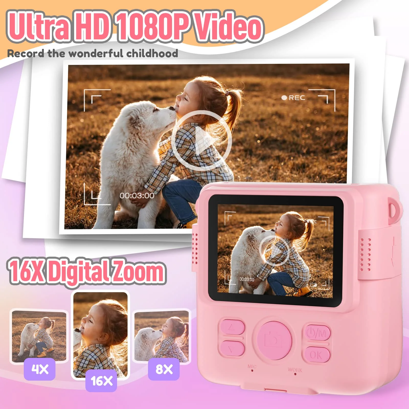 ESOXOFFORE Instant Print Camera for Kids, Christmas Birthday Gifts Girls Boys Age 3-12, HD Digital Video Cameras Toddler, Portable Toy 3 4 5 6 7 8 9 10 Year Old Girl with 32GB SD Card-Pink - Image 5