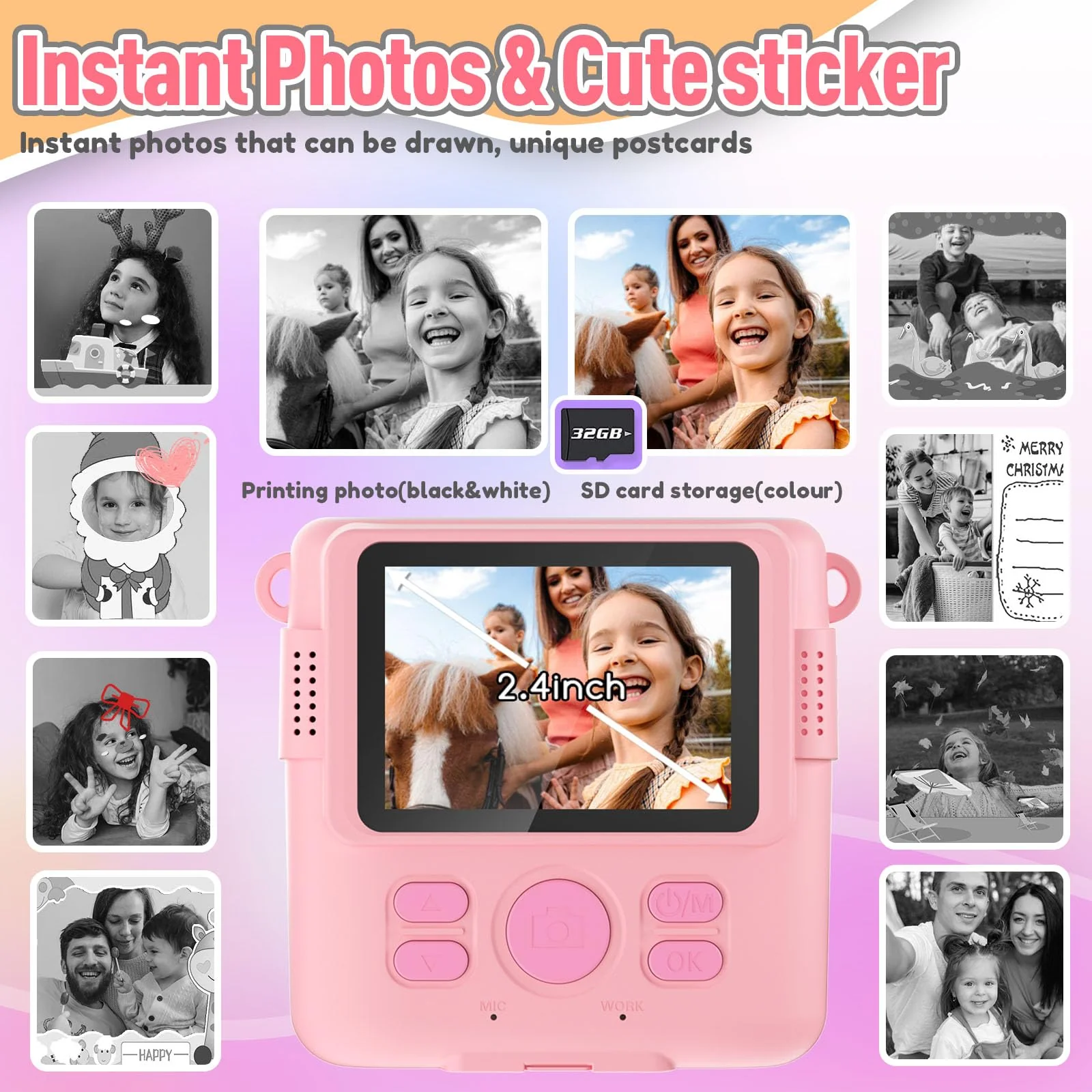 ESOXOFFORE Instant Print Camera for Kids, Christmas Birthday Gifts Girls Boys Age 3-12, HD Digital Video Cameras Toddler, Portable Toy 3 4 5 6 7 8 9 10 Year Old Girl with 32GB SD Card-Pink - Image 6