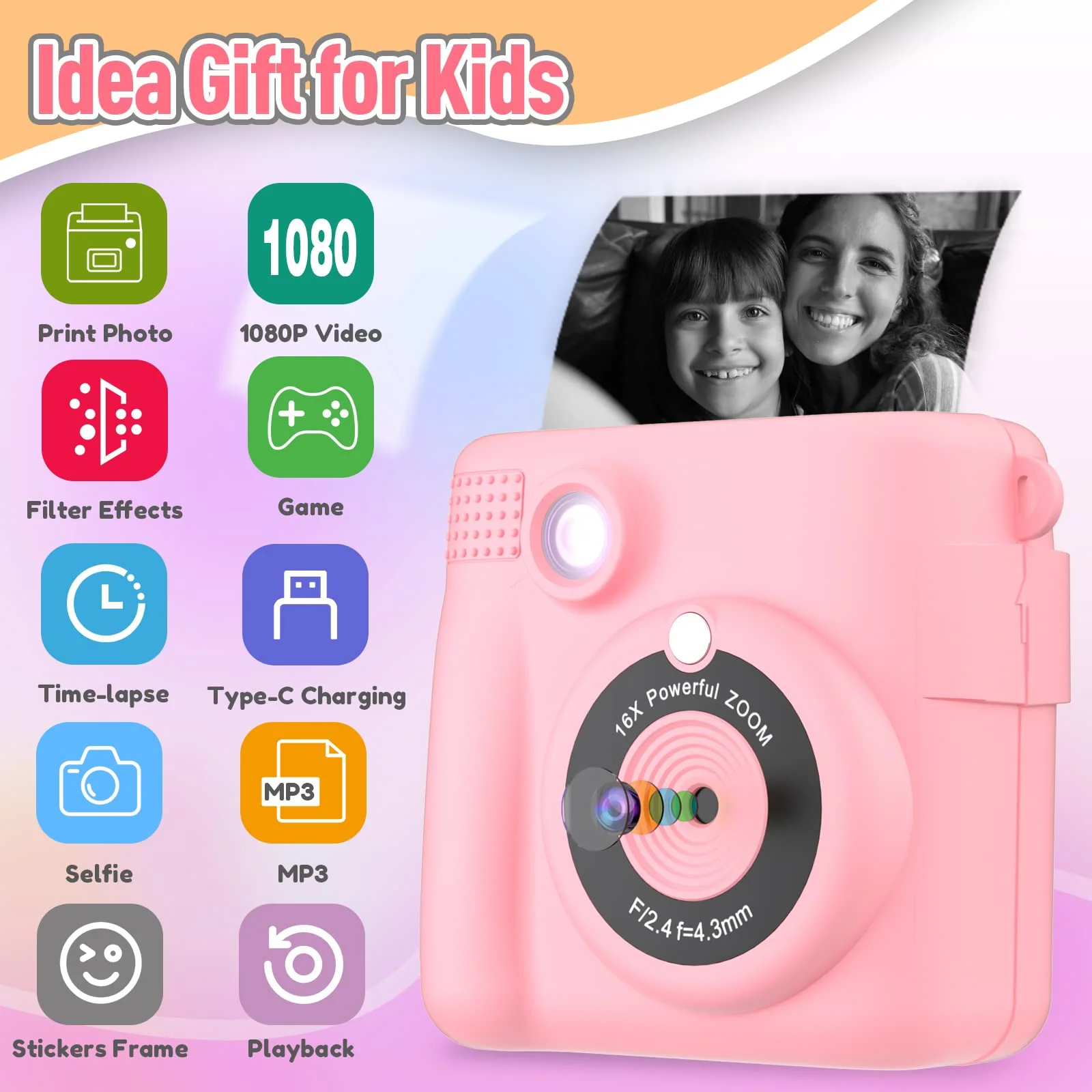 ESOXOFFORE Instant Print Camera for Kids, Christmas Birthday Gifts Girls Boys Age 3-12, HD Digital Video Cameras Toddler, Portable Toy 3 4 5 6 7 8 9 10 Year Old Girl with 32GB SD Card-Pink - Image 7