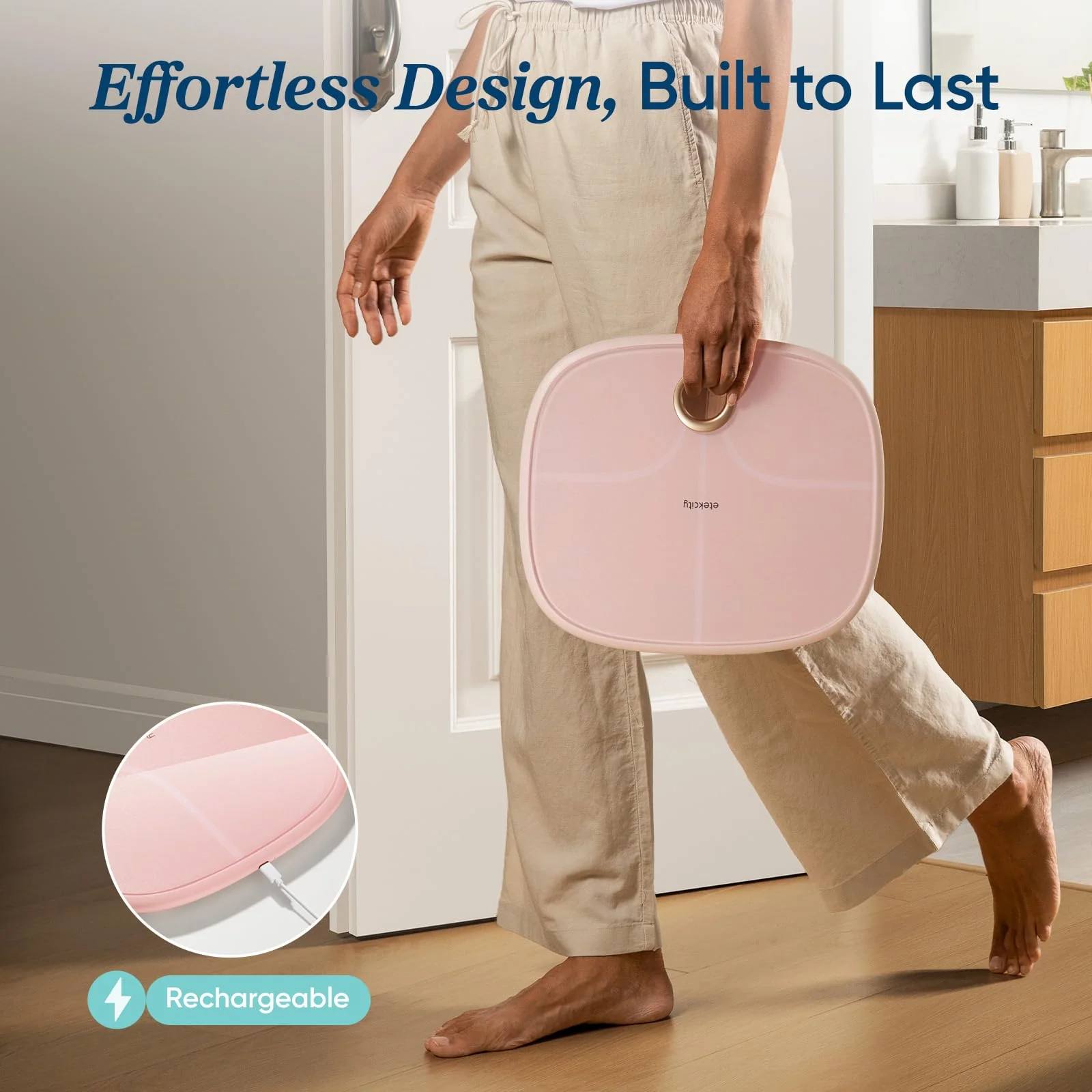 Etekcity Smart Rechargeable Scale for Body Weight, BMI, Fat, Muscle Mass, FSA HSA Eligible, Digital Bathroom Scale with 13 Metrics, Secret Mode, Bluetooth Connect to Free Apps, Cotton Candy Pink - Image 3