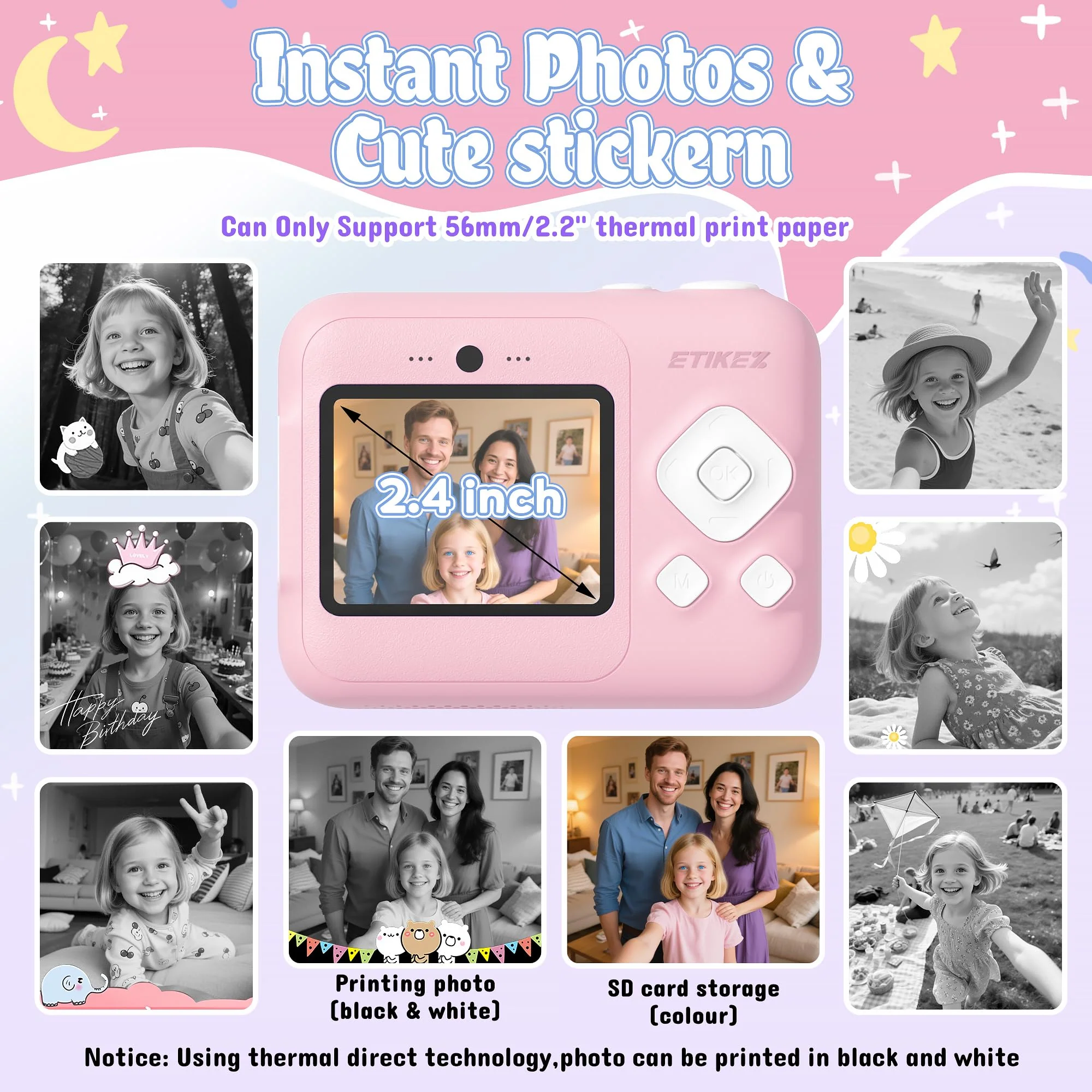 ETIKEZ Kids Camera, 1080P Instant Digital Print Camera for Kids, Christmas Birthday Gifts for 4 5 6 7 8 9 10 Year Old Girls Boys, Portable Toy with 32GB SD Card & 3 Rolls Printing Paper, Pink - Image 7
