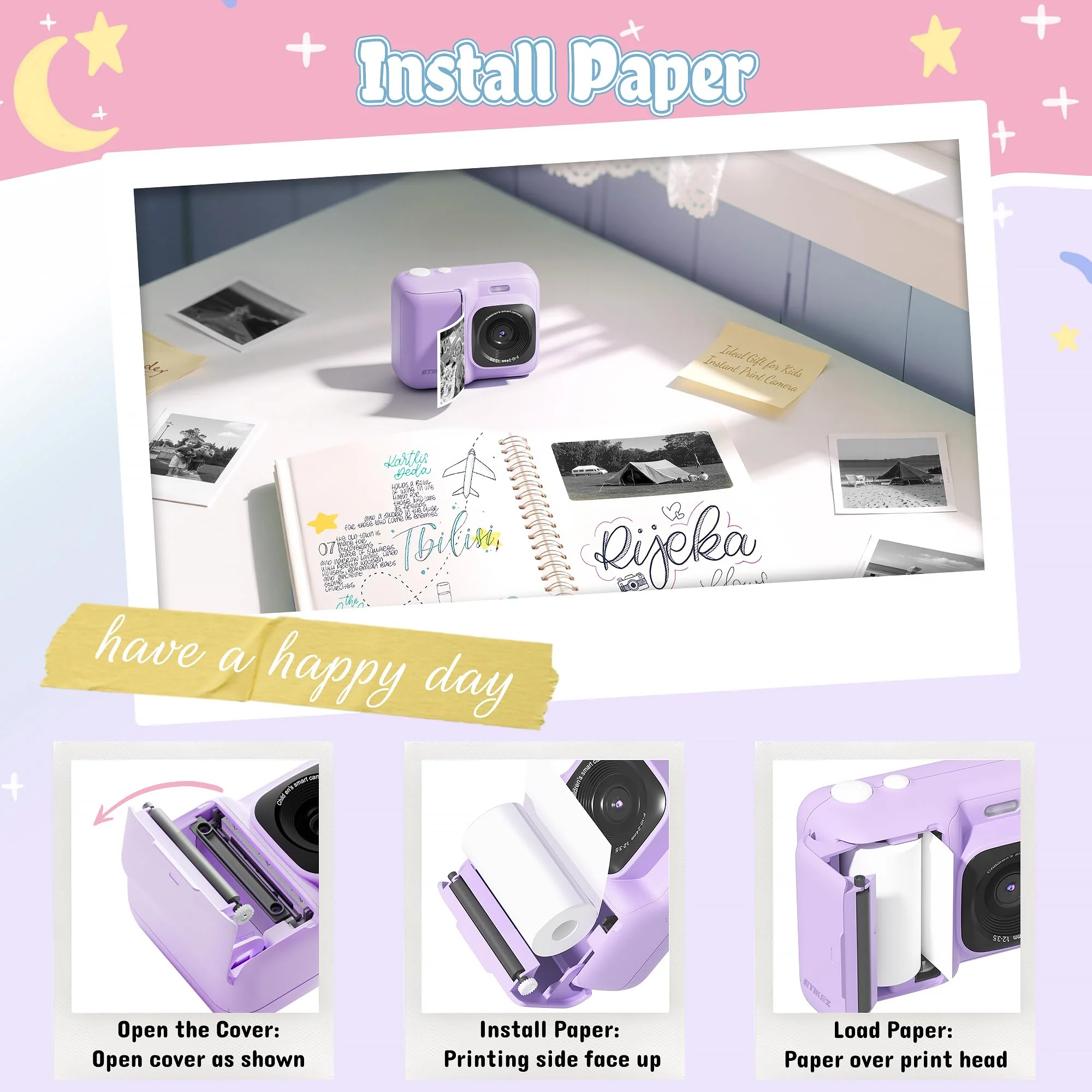 ETIKEZ Kids Camera, 1080P Instant Digital Print Camera for Kids, Christmas Birthday Gifts for 4 5 6 7 8 9 10 Year Old Girls Boys, Portable Toy with 32GB SD Card & 3 Rolls Printing Paper, Purple - Image 5