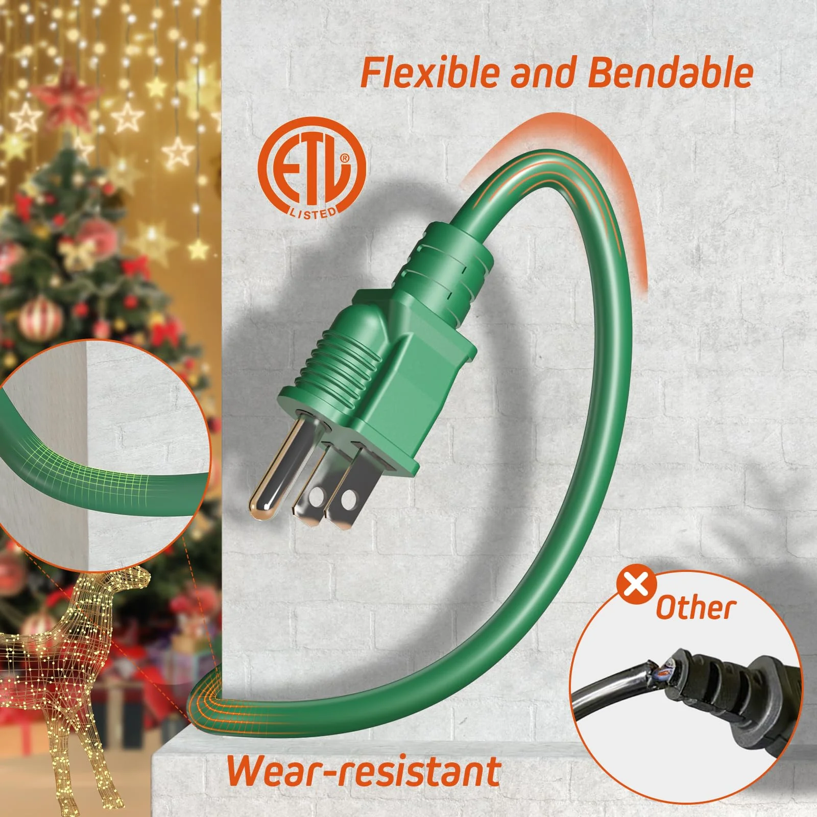 Eversimpleinc 1 to 4 Splitter Extension Cord (Combined 68 FT, End to End 50 FT), 3 Prong Plug with 4 Outlets with Weatherproof Covers for Indoor and Outdoor Holiday Christmas Decroations - Image 3