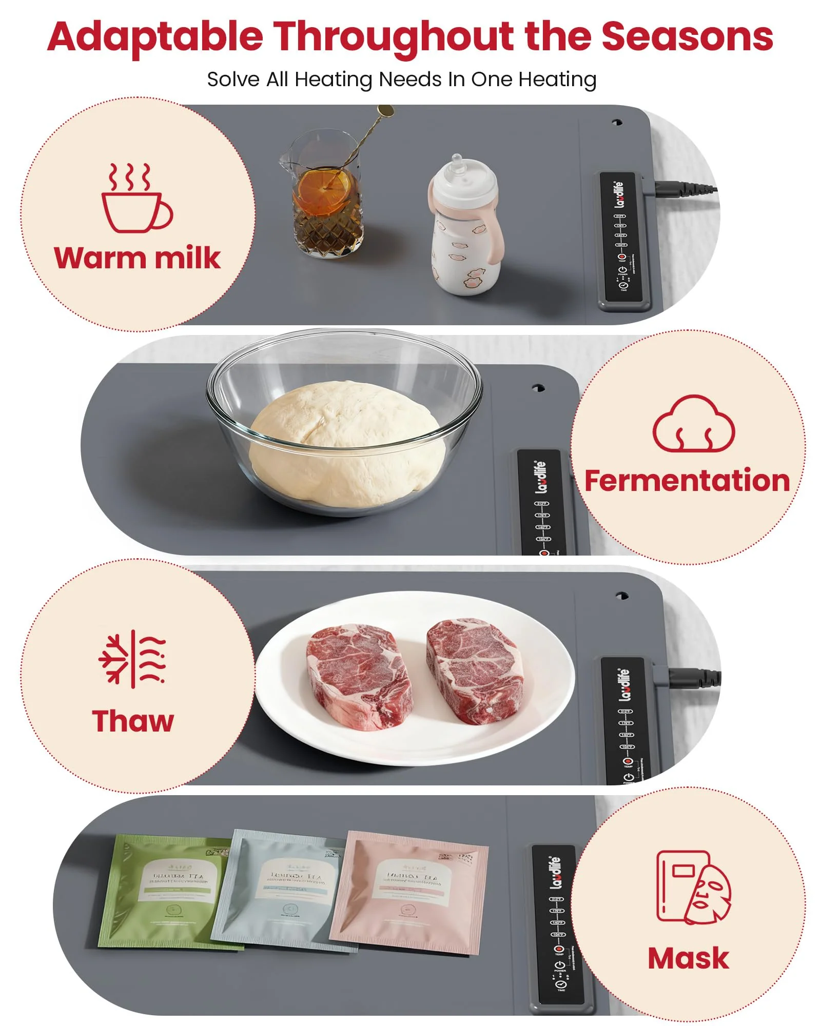 Extra Large Food Warming Mat for Countertop (XXL 36”x16”) - Full-Surface Heating Pad with 4 Temps Settings, Ideal for Buffet Party Food Warmer, Roll-Up Electric Warming Tray for All Gathering, Gray - Image 3