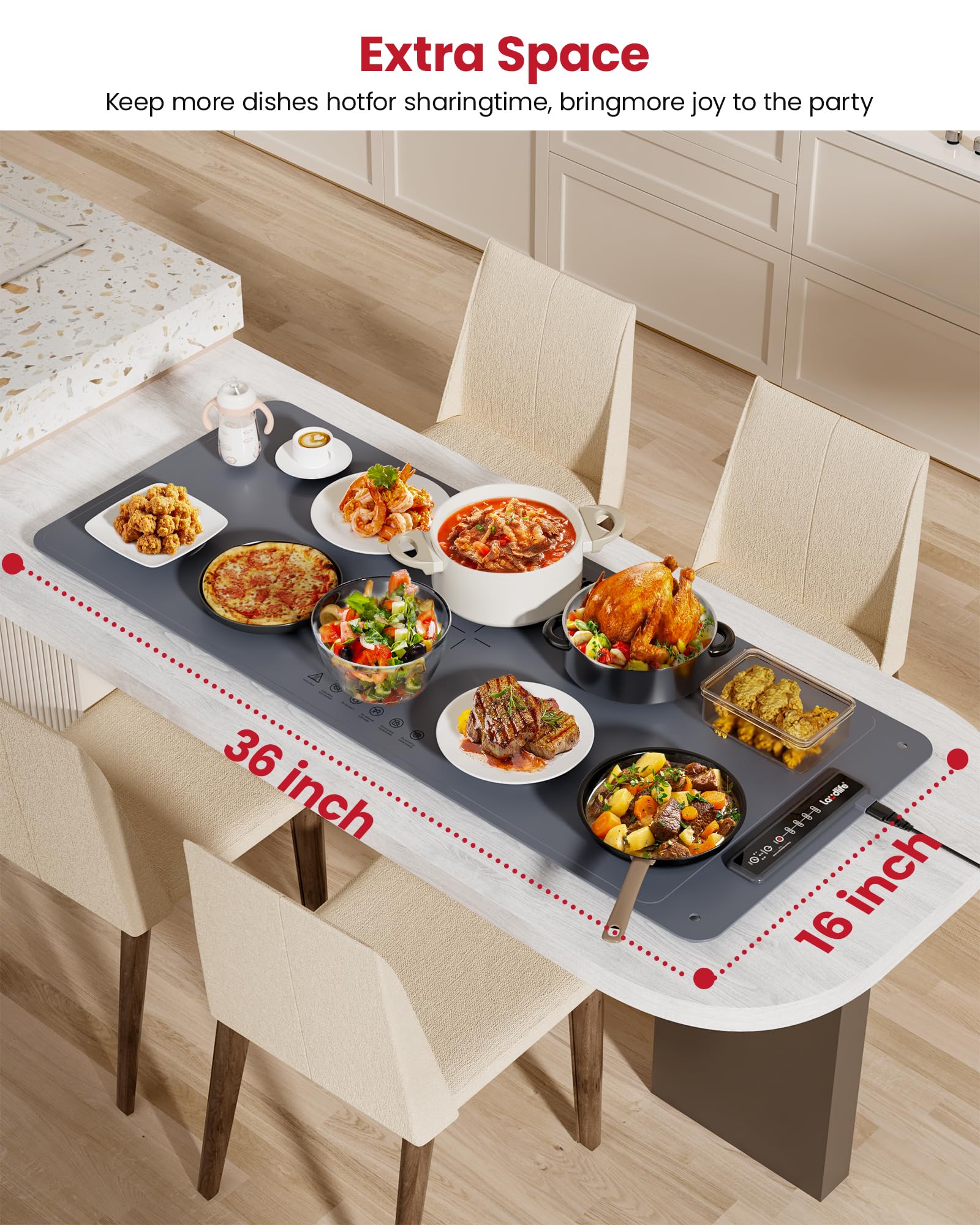 Extra Large Food Warming Mat for Countertop (XXL 36”x16”) - Full-Surface Heating Pad with 4 Temps Settings, Ideal for Buffet Party Food Warmer, Roll-Up Electric Warming Tray for All Gathering, Gray - Image 9