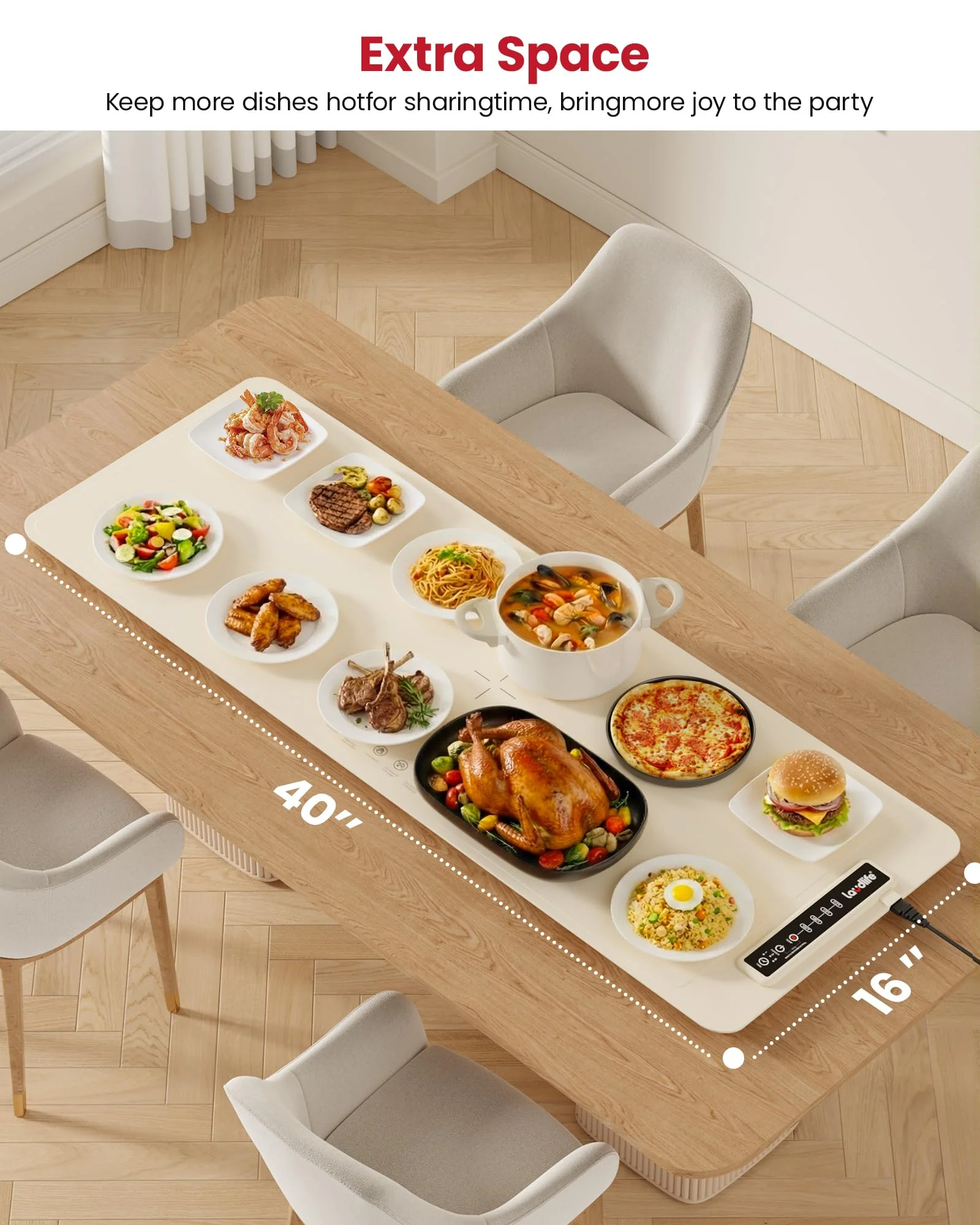 Extra Large Food Warming Mat for Countertop (XXXL 40”x16”) - Full-Surface Heating Pad with 4 Temps Settings, Ideal for Buffet Party Food Warmer, Roll-Up Electric Warming Tray for All Gathering, Beige - Image 9