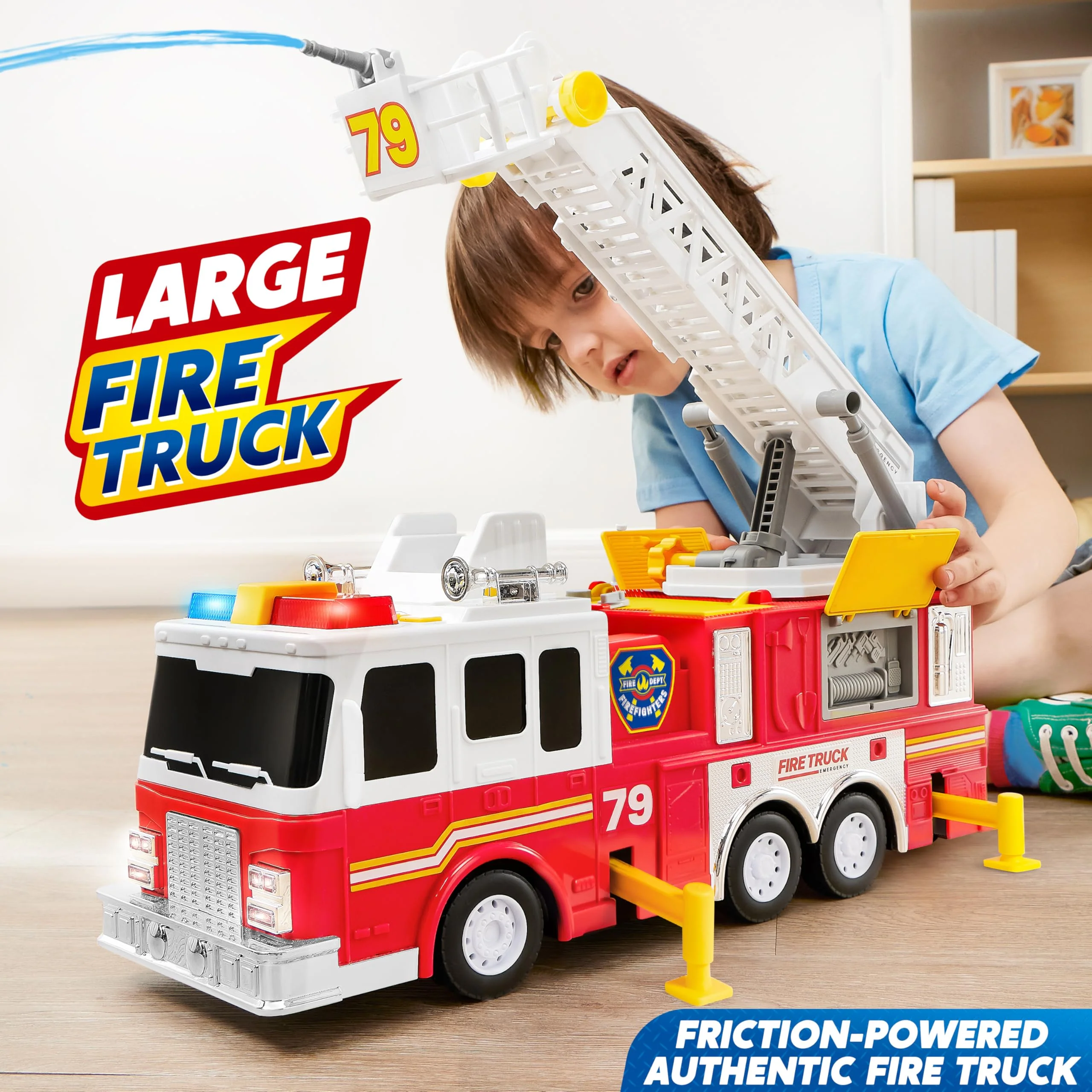 Extra Large Toddler Fire Truck Toys for Boys with 33-inch Ladder, Realistic Sirens, Lights & Sprinkler Pump, Big Firetruck Emergency Vehicle, Kids Toys for Age 3, 4, 5, 6, 7, Christmas Birthday Gift - Image 6