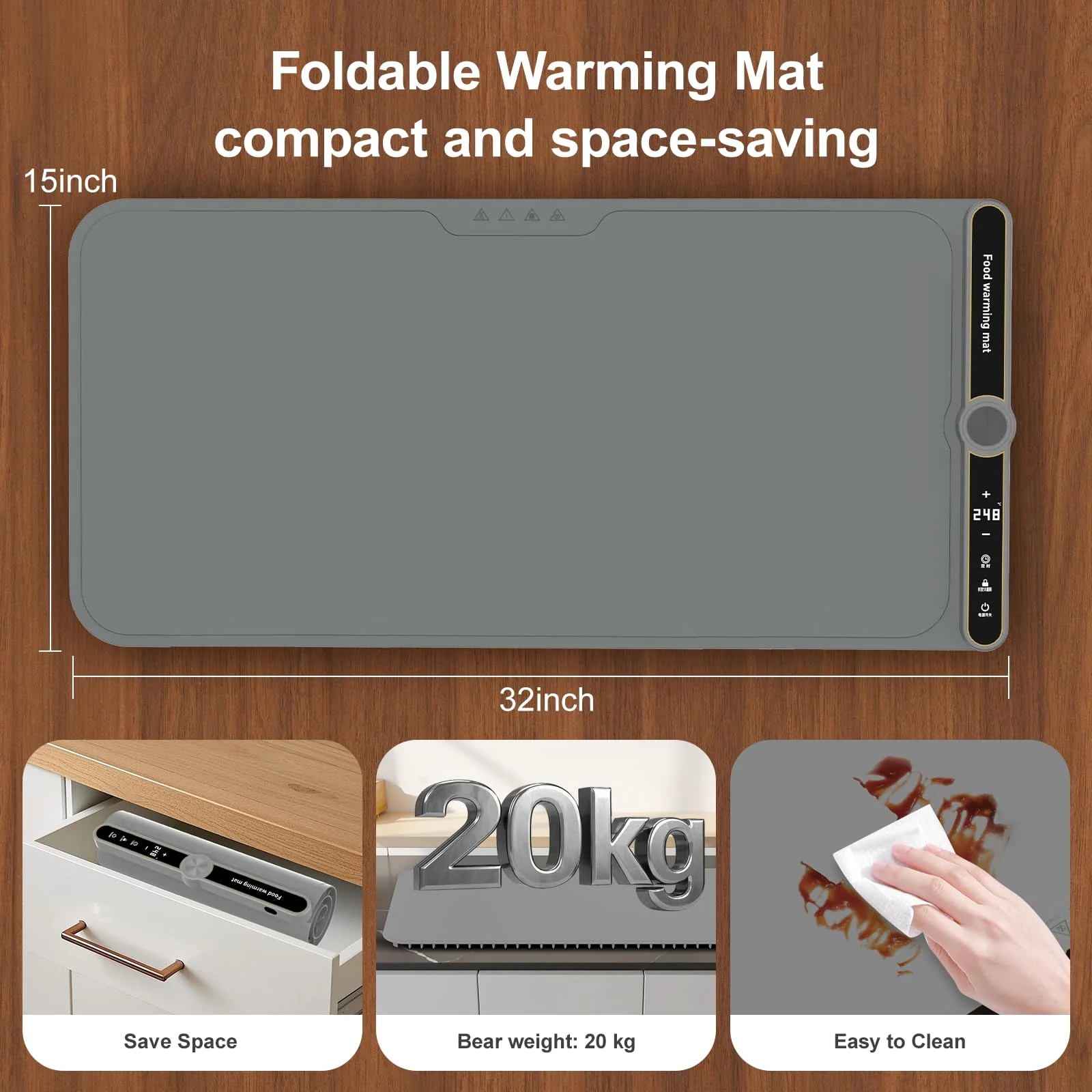 Extra Large Warming Mat for Food XXL:40”X15” Soft Electronic Food Warmers for Parties Buffet Silicone Food Warming Mat 6-Level Timer 9-Level Temp Control 18H Auto-Off 8S Fast Heating Grey - Image 2
