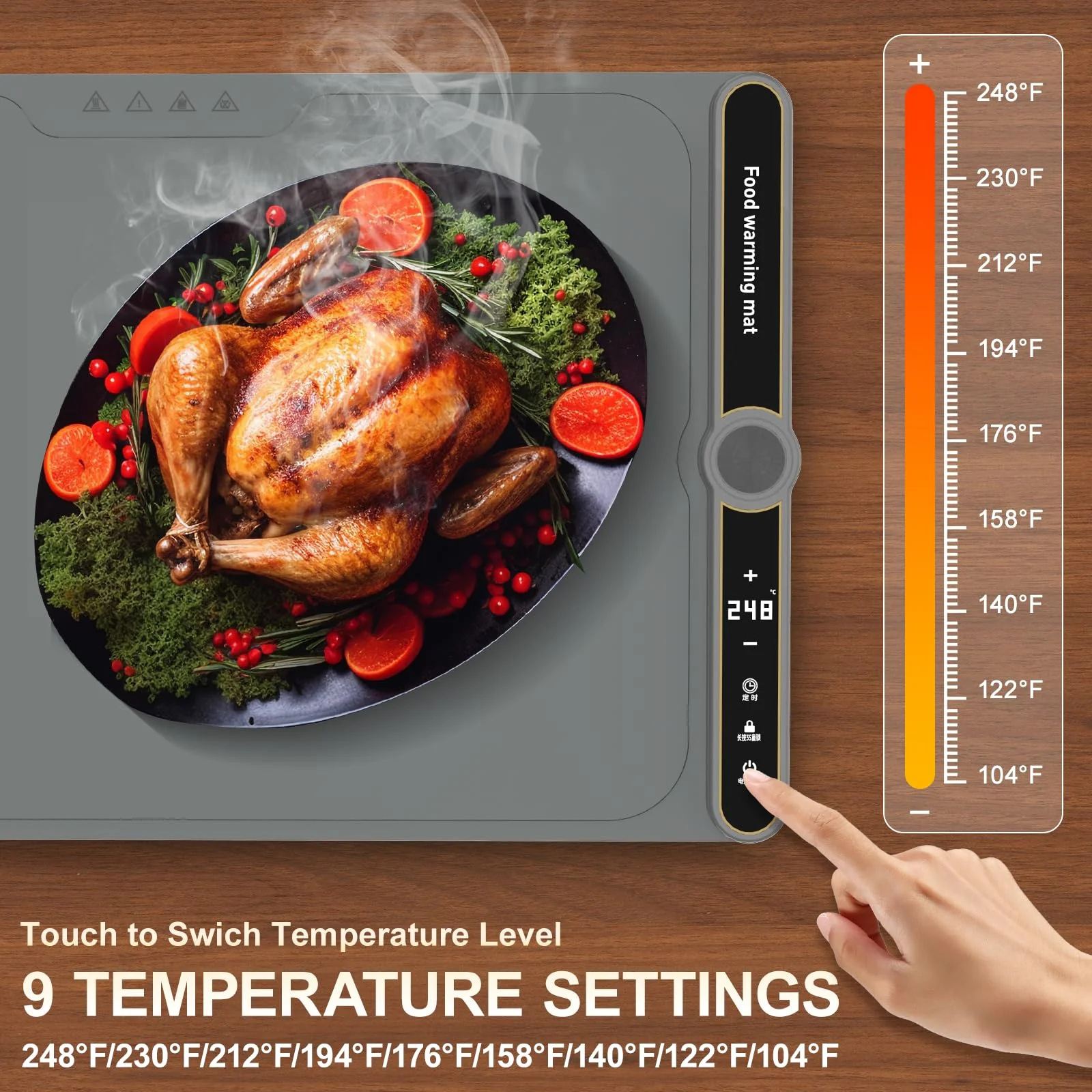 Extra Large Warming Mat for Food XXL:40”X15” Soft Electronic Food Warmers for Parties Buffet Silicone Food Warming Mat 6-Level Timer 9-Level Temp Control 18H Auto-Off 8S Fast Heating Grey - Image 7