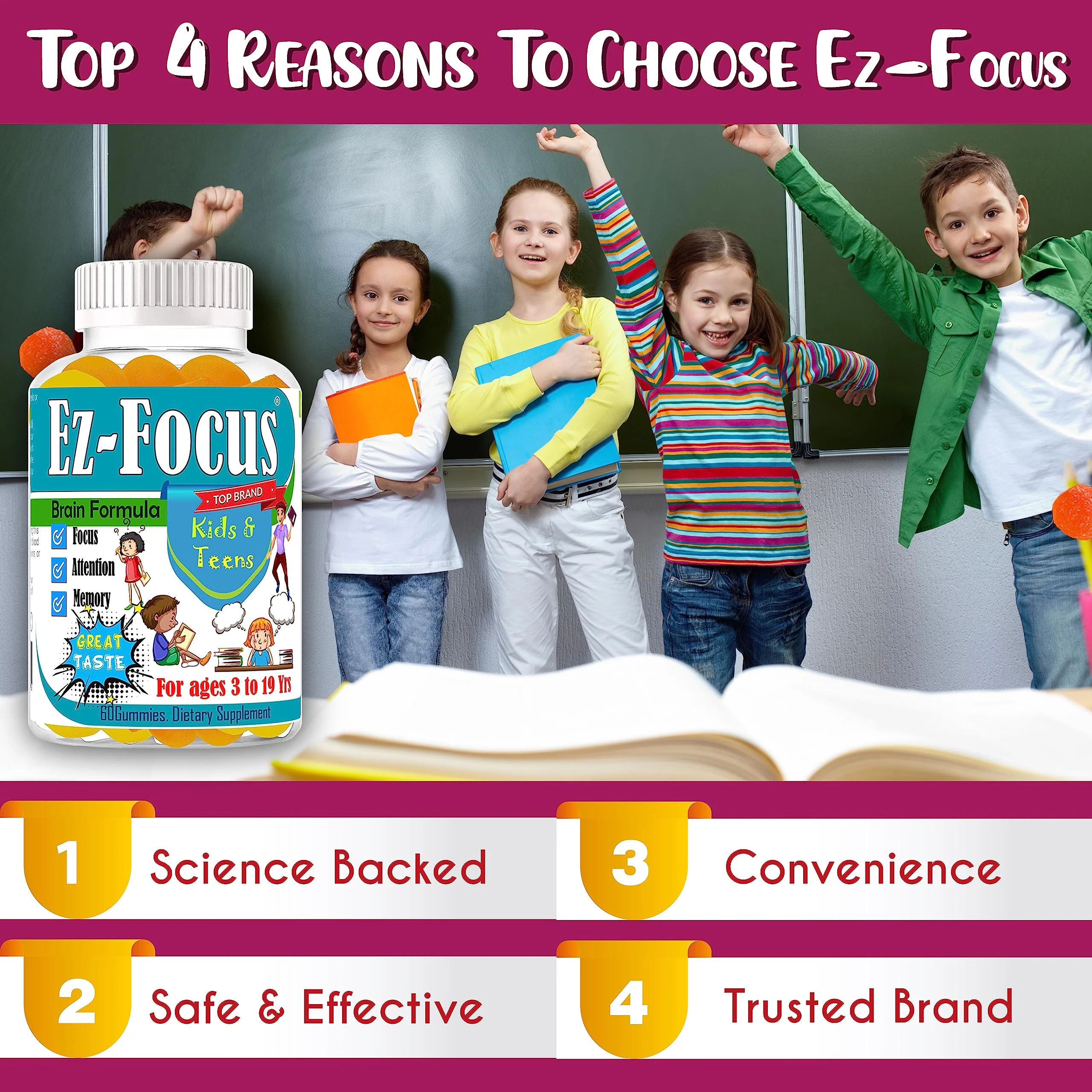 Ez Focus Gummies for Kids Brain Focus Support Chewable Focus Kids Vitamins Attention Supplement for Kids Children and Teens Kids Gummies for Focus Calming Natural Omegas DHA School Study Task - Image 5