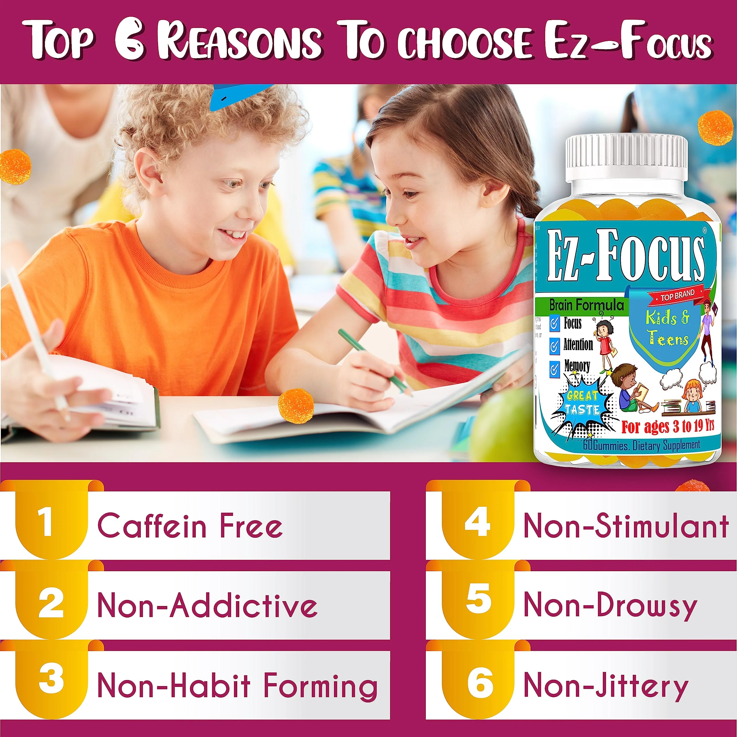 Ez Focus Gummies for Kids Brain Focus Support Chewable Focus Kids Vitamins Attention Supplement for Kids Children and Teens Kids Gummies for Focus Calming Natural Omegas DHA School Study Task - Image 6