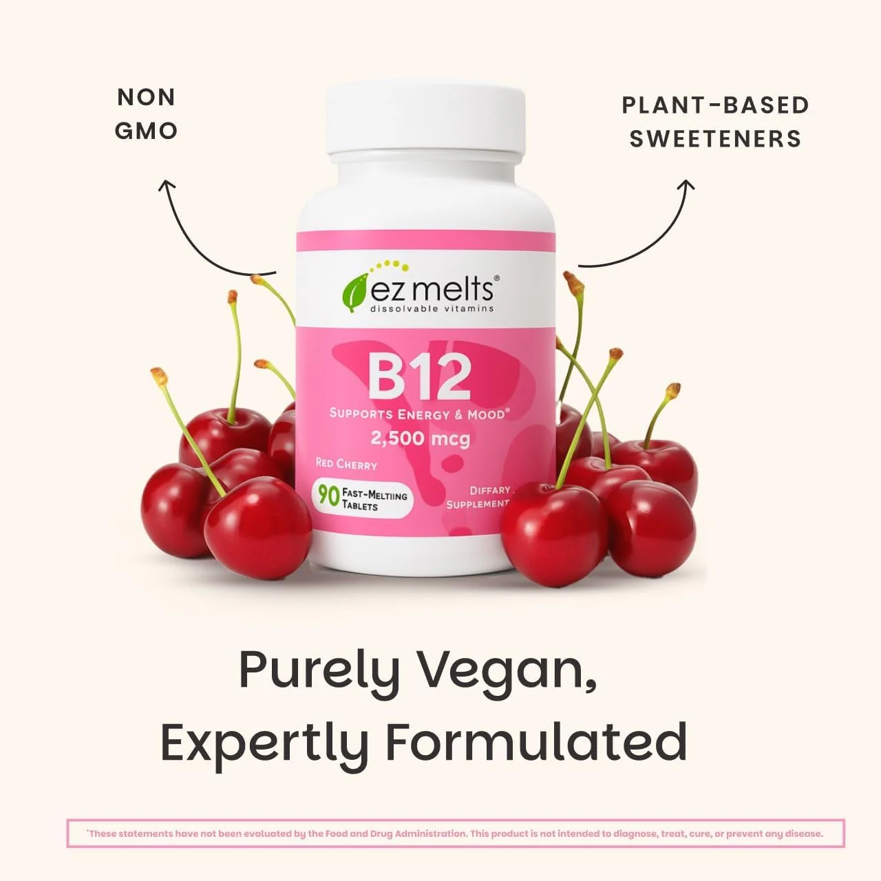 EZ Melts Dissolvable B12 2,500 mcg - Vitamin B12 for Energy & Immune Support - Non-GMO, Vegan & Gluten-Free - Red Cherry - 180 Sublingual Tablets (180 Servings) - Image 5