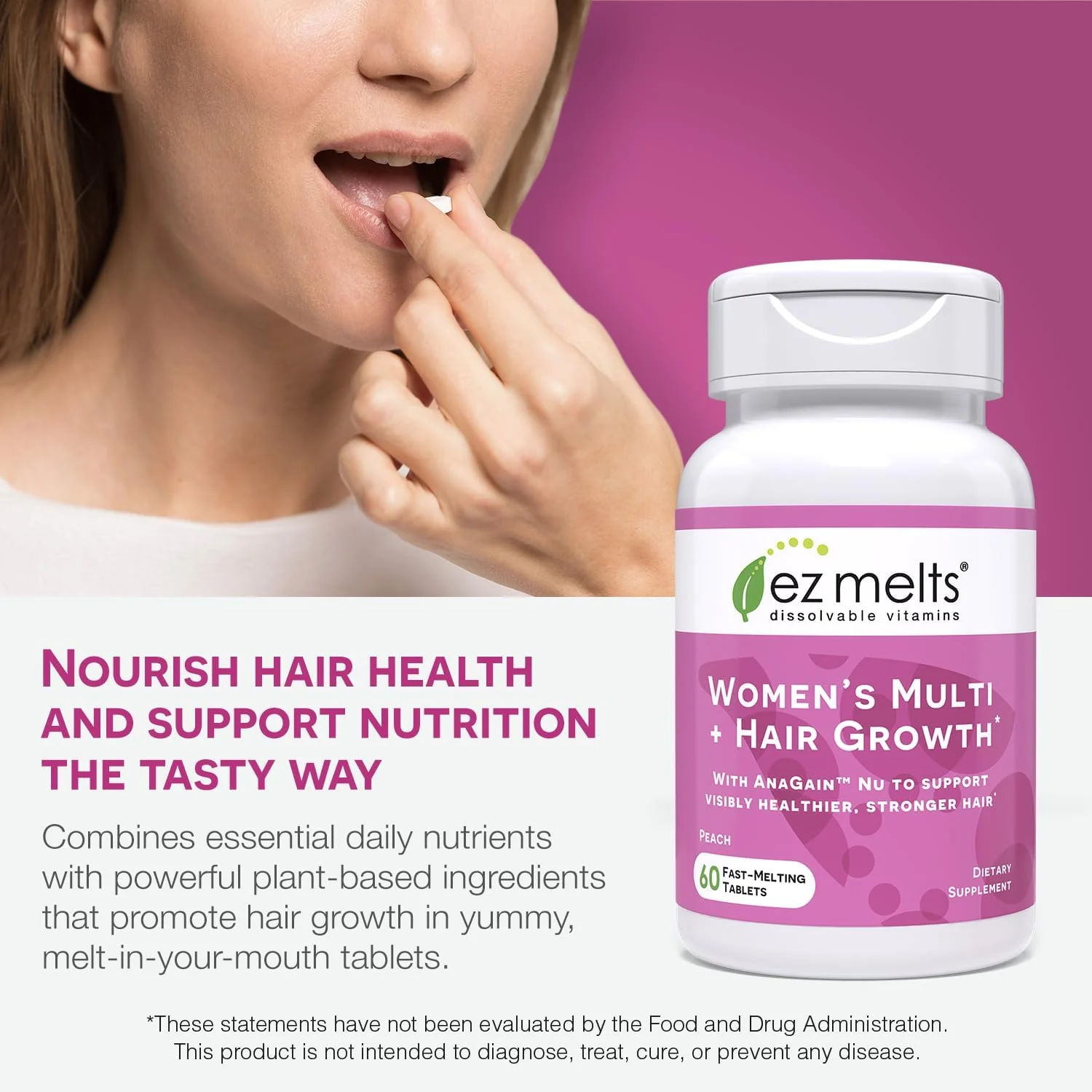 EZ Melts Dissolvable Women’s Multivitamin + Hair Growth with Biotin, Bamboo Extract & Clinically Studied AnaGain Nu, Supports Visibly Healthier, Stronger Hair, Sugar-Free Peach Flavor, 1-Month - Image 2