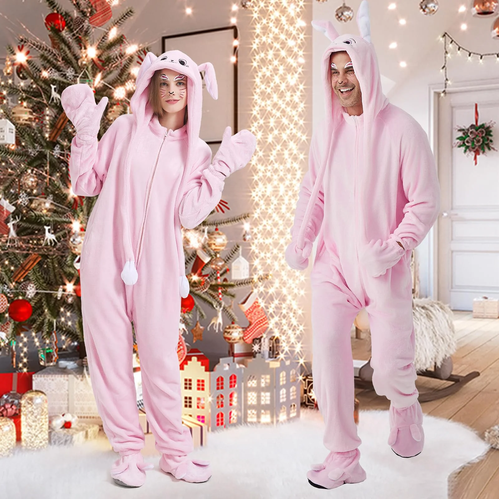 Ezuwail Adult Bunny Onesie Animal Pajamas for Women, Christmas Halloween Onesie Adult Pink Bunny Costume for Sleepwear, Homewear, M - Image 2
