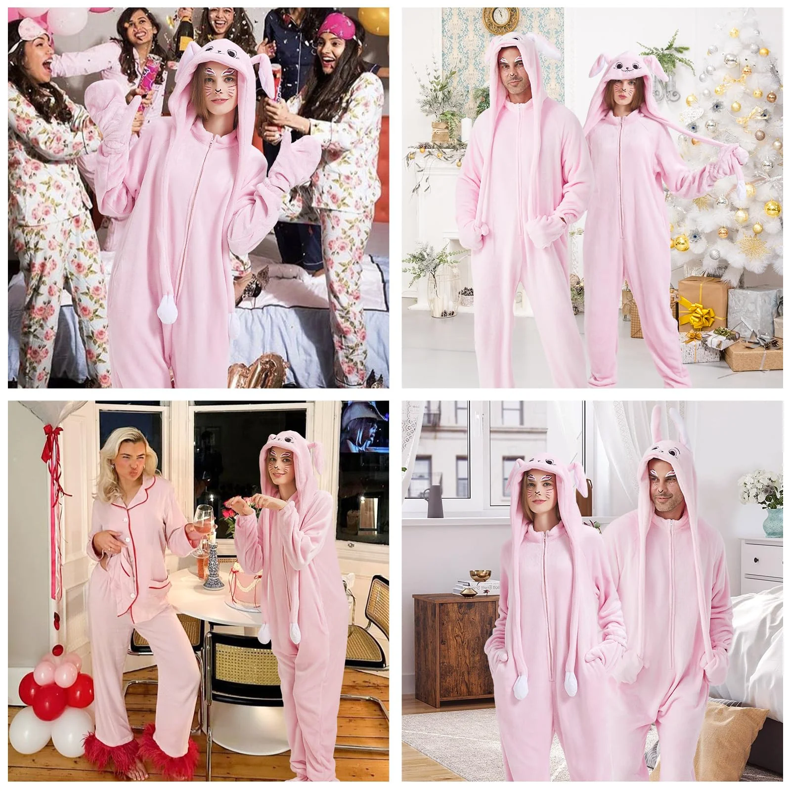Ezuwail Adult Bunny Onesie Animal Pajamas for Women, Christmas Halloween Onesie Adult Pink Bunny Costume for Sleepwear, Homewear, M - Image 3