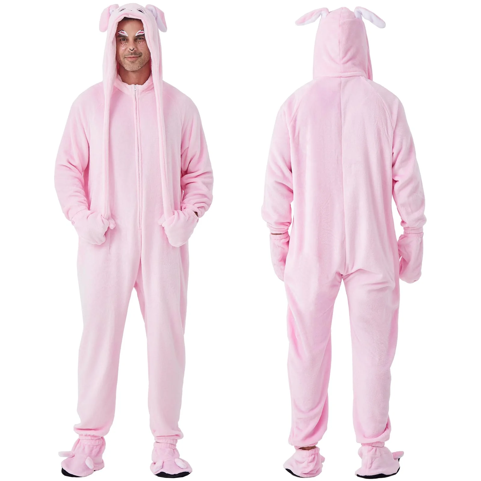 Ezuwail Adult Bunny Onesie Animal Pajamas for Women, Christmas Halloween Onesie Adult Pink Bunny Costume for Sleepwear, Homewear, M - Image 4
