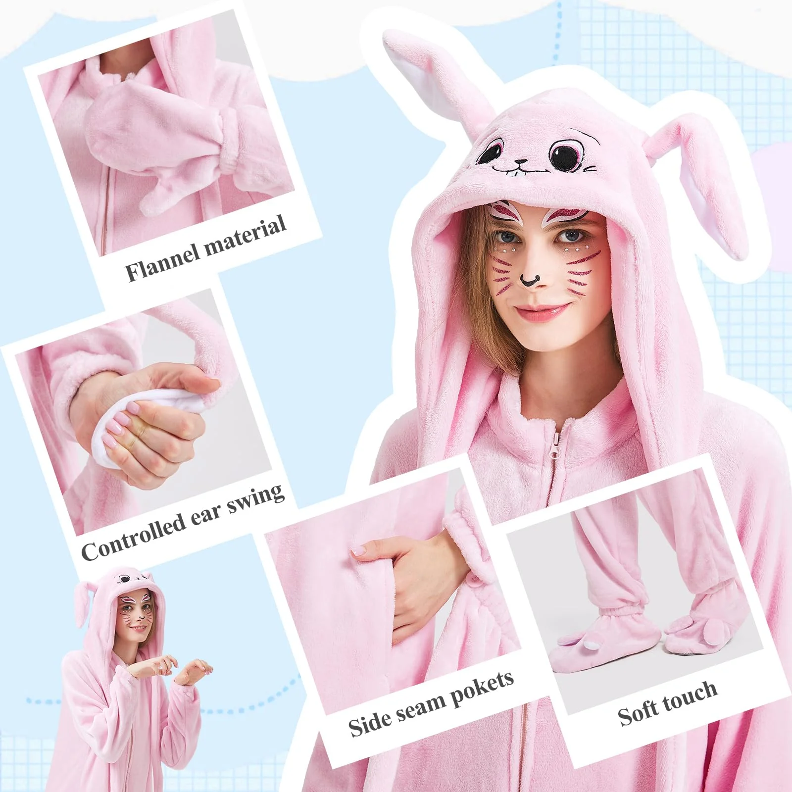 Ezuwail Adult Bunny Onesie Animal Pajamas for Women, Christmas Halloween Onesie Adult Pink Bunny Costume for Sleepwear, Homewear, M - Image 6