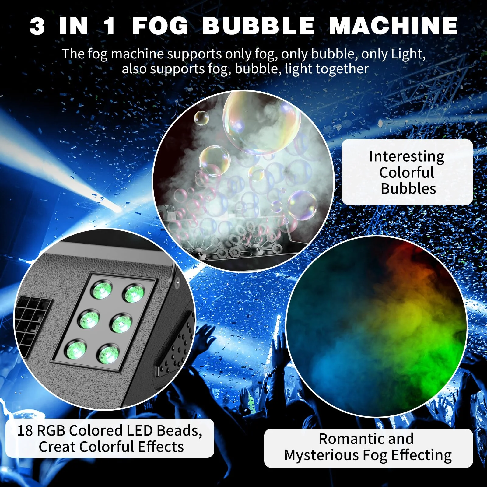 Fancybling 2000W Fog Machine, 3 in 1 Fog Bubble Machine with 2 Bubble Fans, 18 RGB LED Lights Smoke Bubble ALL IN ONE Fog Machine, Bubble Machine for Halloween Christmas Party Wedding Birthday - Image 7