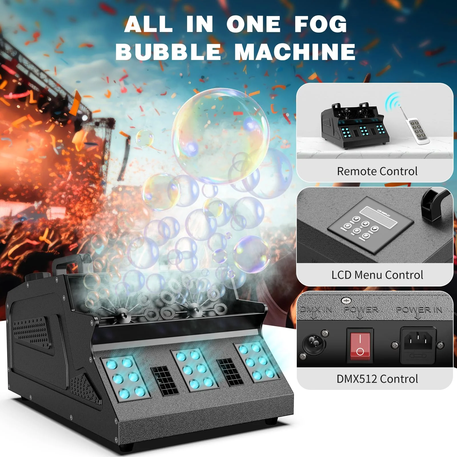 Fancybling 2000W Fog Machine, 3 in 1 Fog Bubble Machine with 2 Bubble Fans, 18 RGB LED Lights Smoke Bubble ALL IN ONE Fog Machine, Bubble Machine for Halloween Christmas Party Wedding Birthday - Image 9