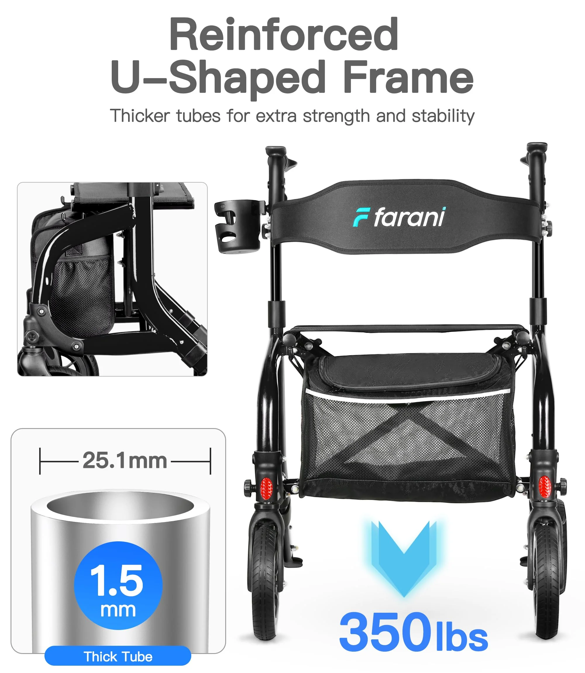 Farani All Terrain Rollator Walkers for Seniors, Lightweight Foldable Rolling Walker with Seat, Sturdy Integrated Molding Frame, Height-Adjustable Handles & Backbrest, 8" Rubber Wheels,Black - Image 4