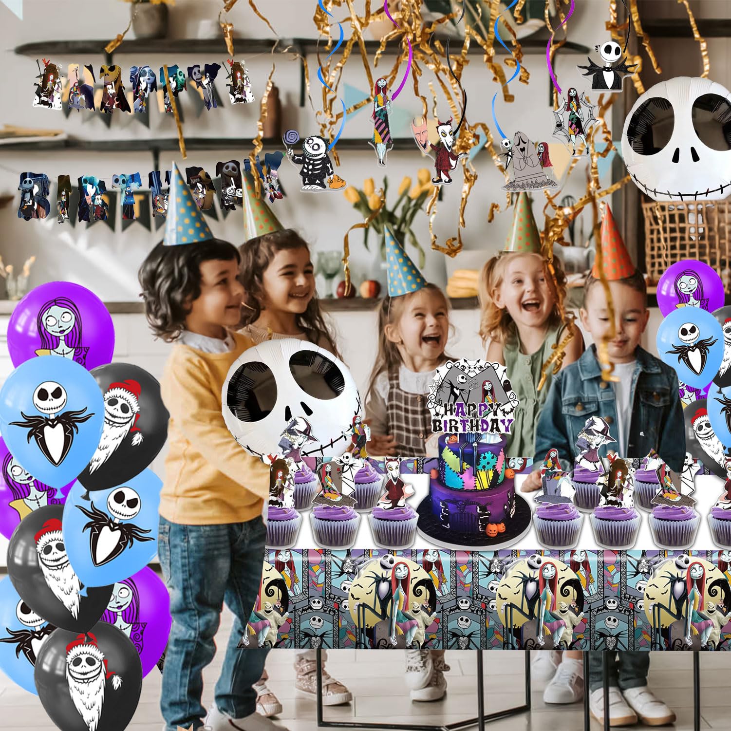 Favuit Birthday Decorations, Nightmare Christmas Party Supplies Halloween Birthday Party Decorations Set Includes Banner Balloons Tablecloth Backdrop Hanging Swirls Cake Toppers - Image 2