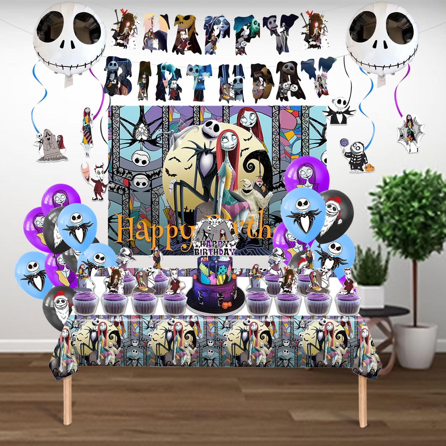 Favuit Birthday Decorations, Nightmare Christmas Party Supplies Halloween Birthday Party Decorations Set Includes Banner Balloons Tablecloth Backdrop Hanging Swirls Cake Toppers - Image 4