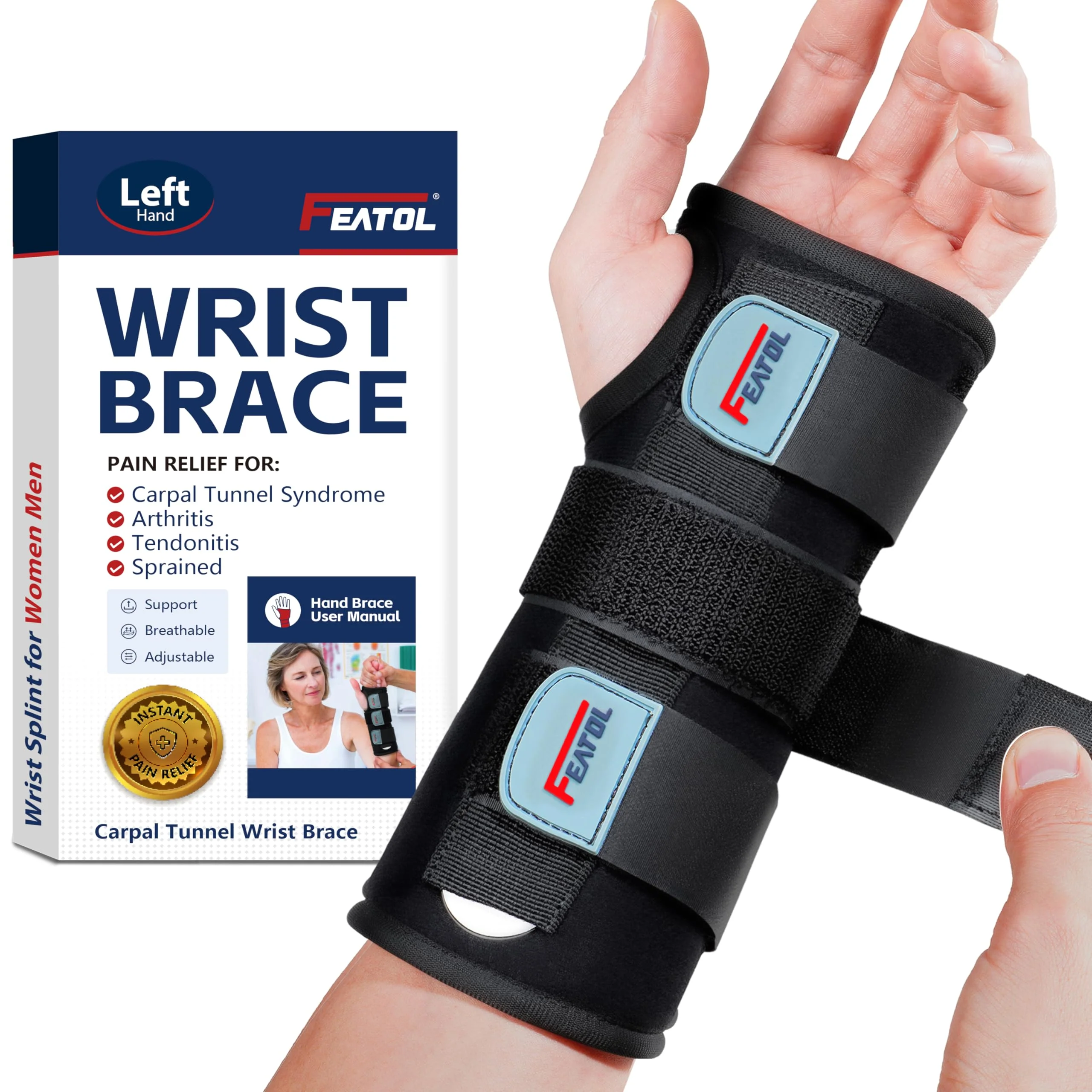 FEATOL Wrist Brace, FSA HSA Eligible Hand Brace, Carpal Tunnel Wrist Splint Night Support for Women Men, Pain Relief Support -Tendonitis, Arthritis, Sprain, Left Hand, Medium/Large