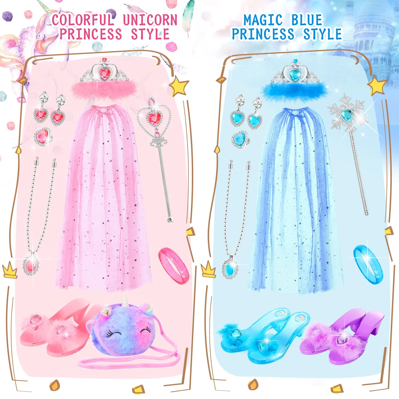 Fedio Princess Dress Up Shoes Set Little Girls Role Play Shoes Pretend Princess Gift Toy Set with 3 Pairs of Shoes,Princess Cape,Crown Tiaras,Unicorn Purse for Girls Aged 3,4,5,6 Birthday Christmas - Image 7