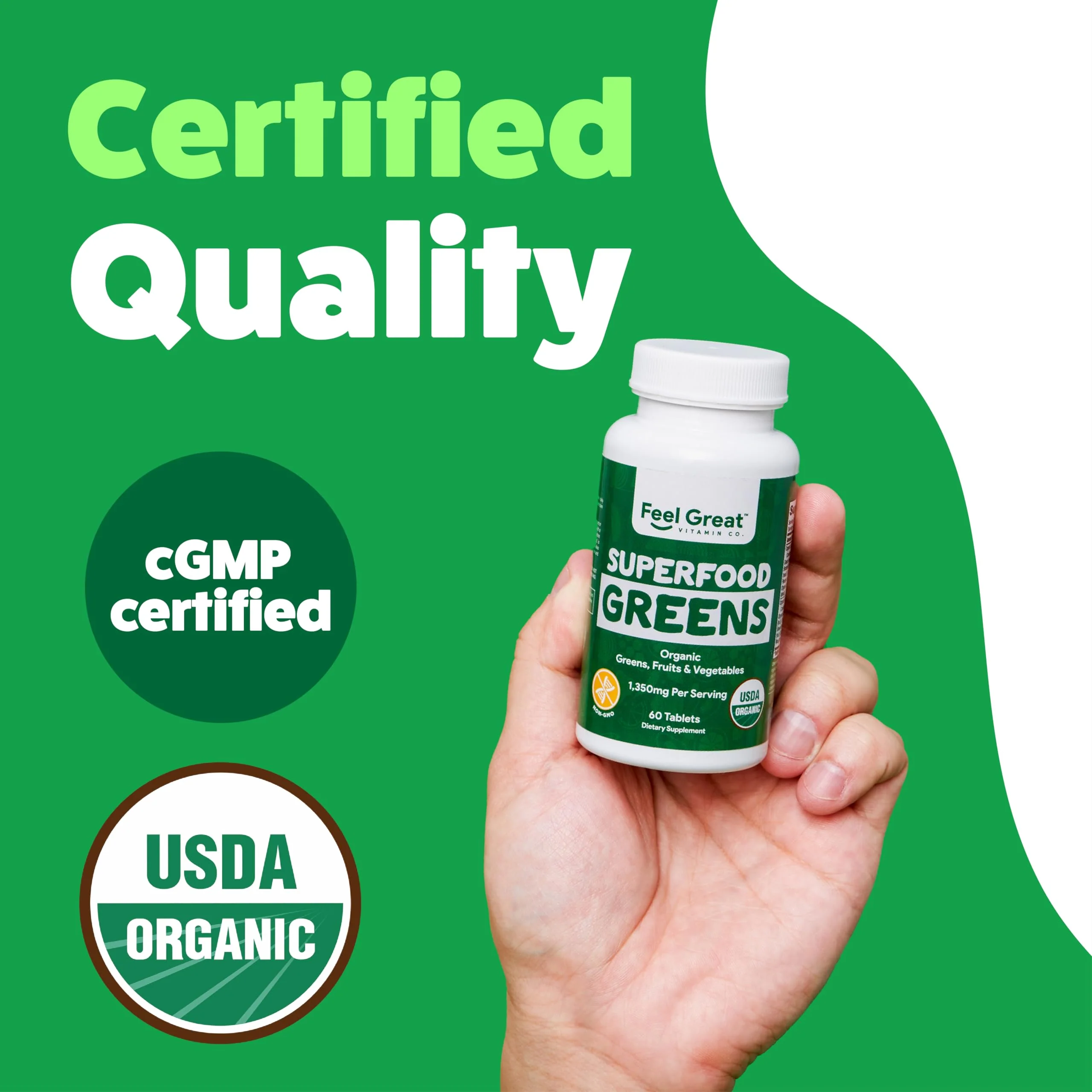 Feel Great Vitamins Super Greens Tablets | Organic Greens, Fruits and Veggies Supplement | Fruit and Veggie Supplement with Kale, Spinach Extract, Green Onion, and More, 60 Tablets - Image 3