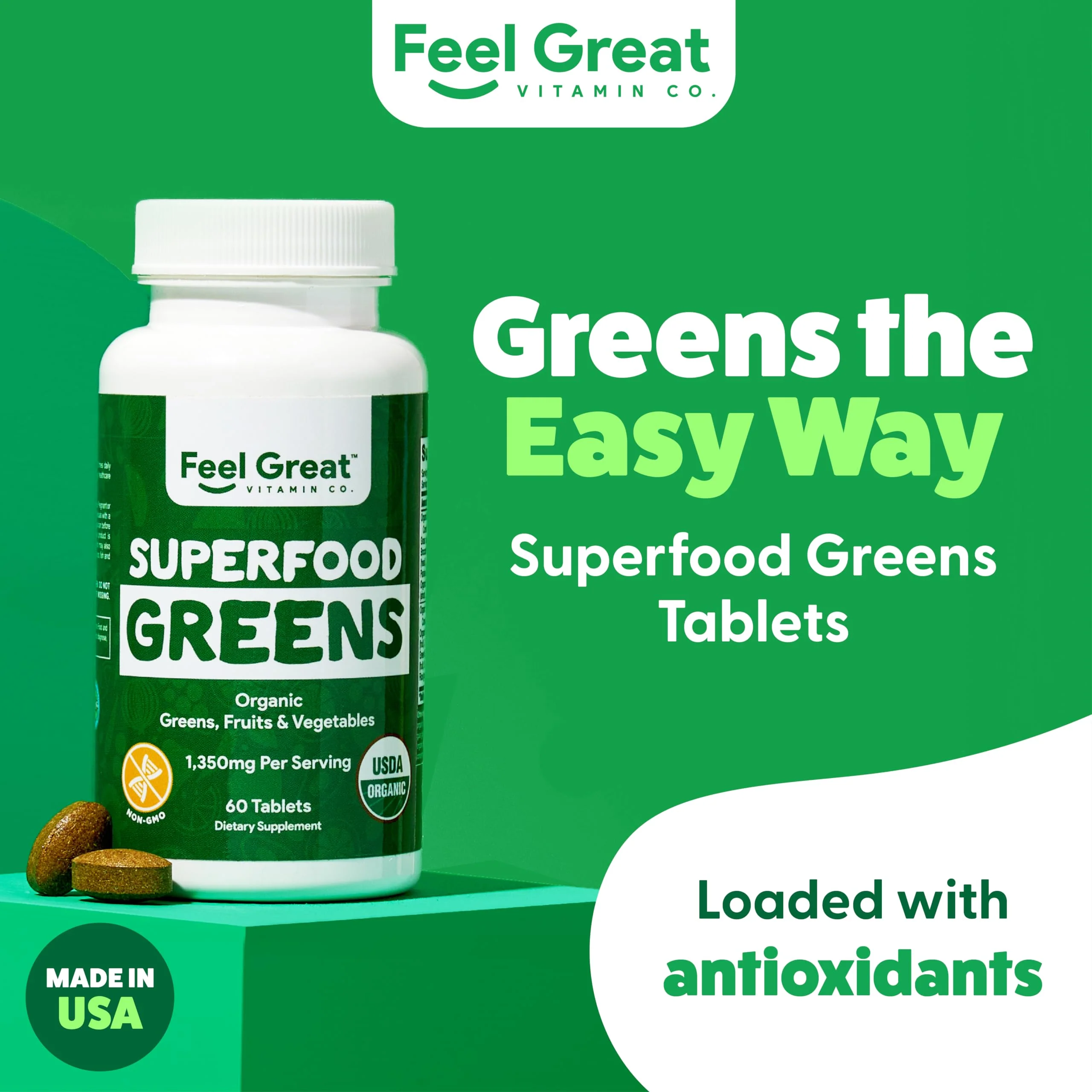 Feel Great Vitamins Super Greens Tablets | Organic Greens, Fruits and Veggies Supplement | Fruit and Veggie Supplement with Kale, Spinach Extract, Green Onion, and More, 60 Tablets - Image 9