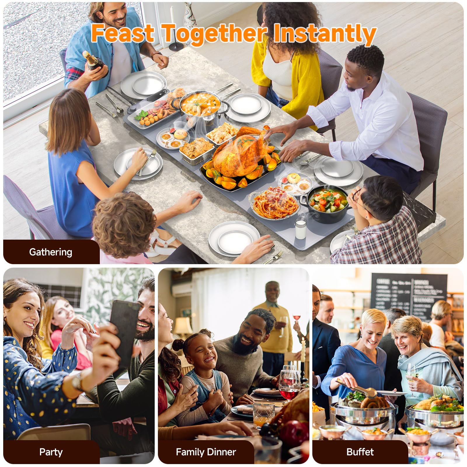 FEPPO Warming Mat for Food, Extra-Long Size 42"x12", Fast Full-Surface Heating Food Warming Mat with 6-Hour Timer & 19-Level Temperature Control, Roll Up Food Warmers for Parties Buffet - Image 2
