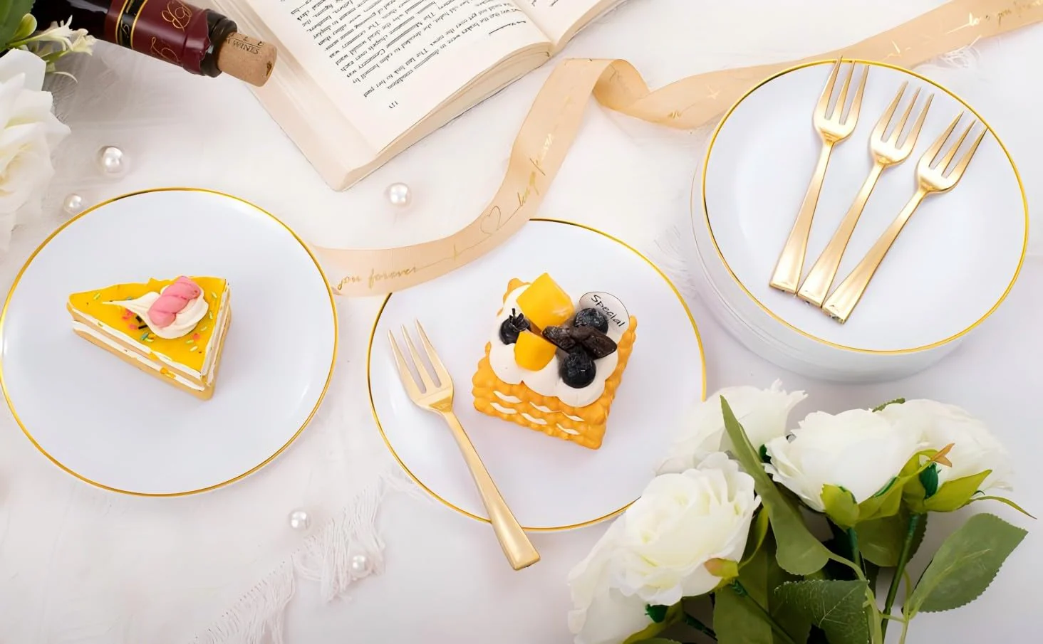 Festiva 200Pcs Gold Dessert Plates 6.3" with Forks 5"- Small Disposable Dessert/Cake/Appetizer Plates Plates- serve 100 guests include 100Plates 100Forks for Wedding Party&Thanksgiving&Christmas - Image 4