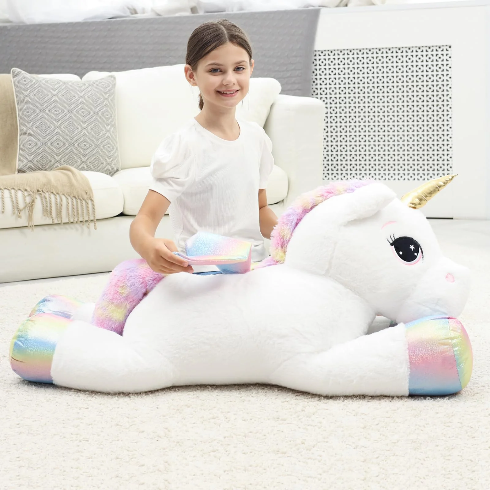 FFxiong 44 Inch Giant Unicorn Stuffed Animal Pillow, Cute Soft Big Unicorn with Rainbow Wings Large Plush Toy, Gifts for Girlfriend Girls Boys Kids Birthday Valentines Christmas - Image 7