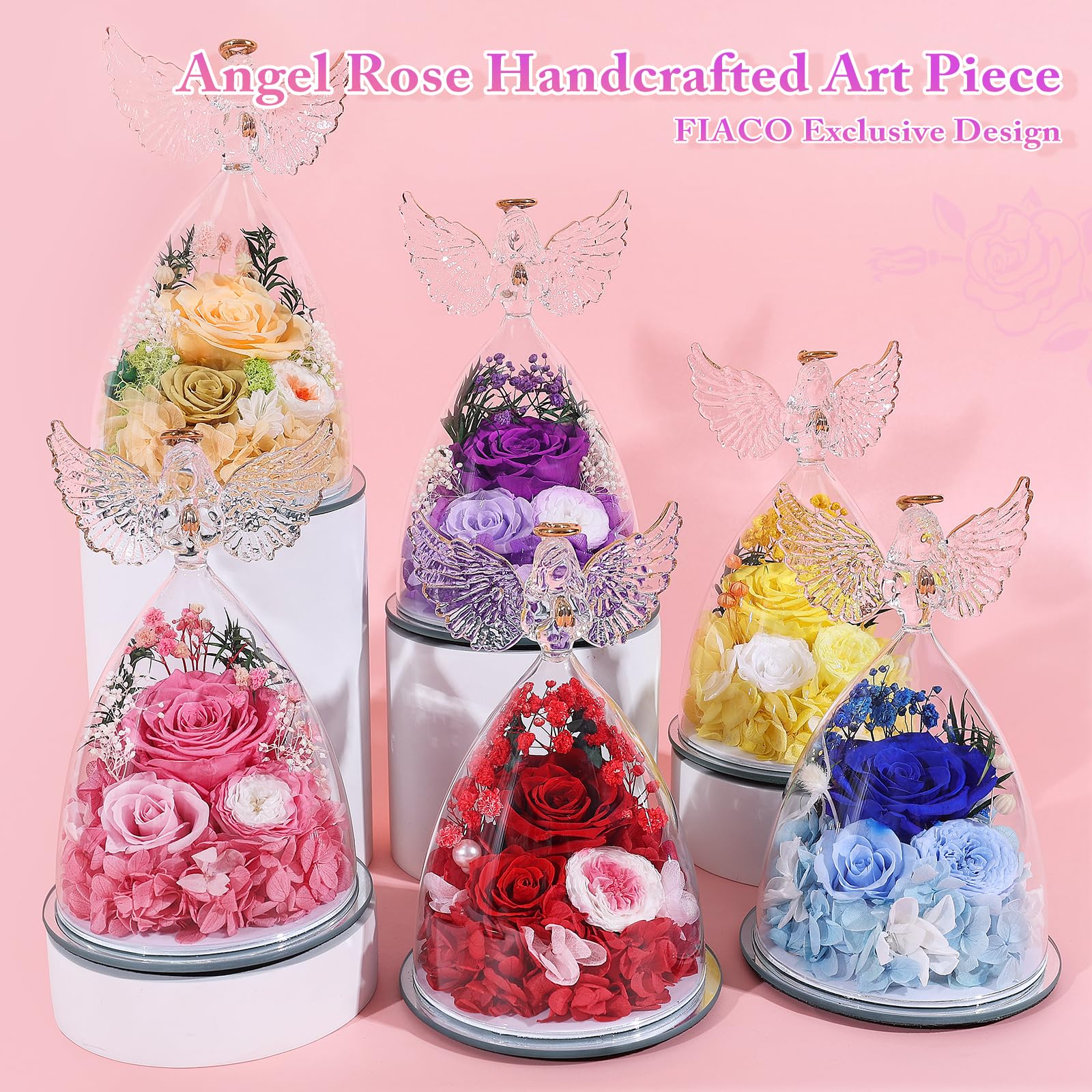 FIACO Gifts for Women Mom Preserved Rose Forever Flower in Glass Angel Figurine Fresh Flowers for Delivery Birthday Gifts for Grandma Wife Sister Christmas Anniversary Eternal Purple Roses - Image 2