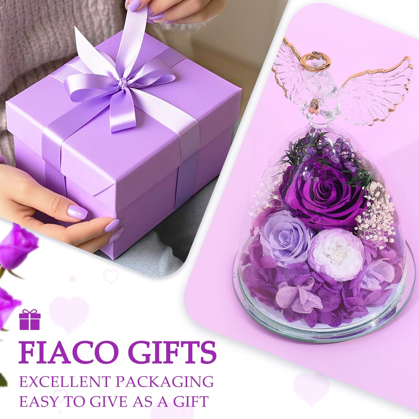 FIACO Gifts for Women Mom Preserved Rose Forever Flower in Glass Angel Figurine Fresh Flowers for Delivery Birthday Gifts for Grandma Wife Sister Christmas Anniversary Eternal Purple Roses - Image 5