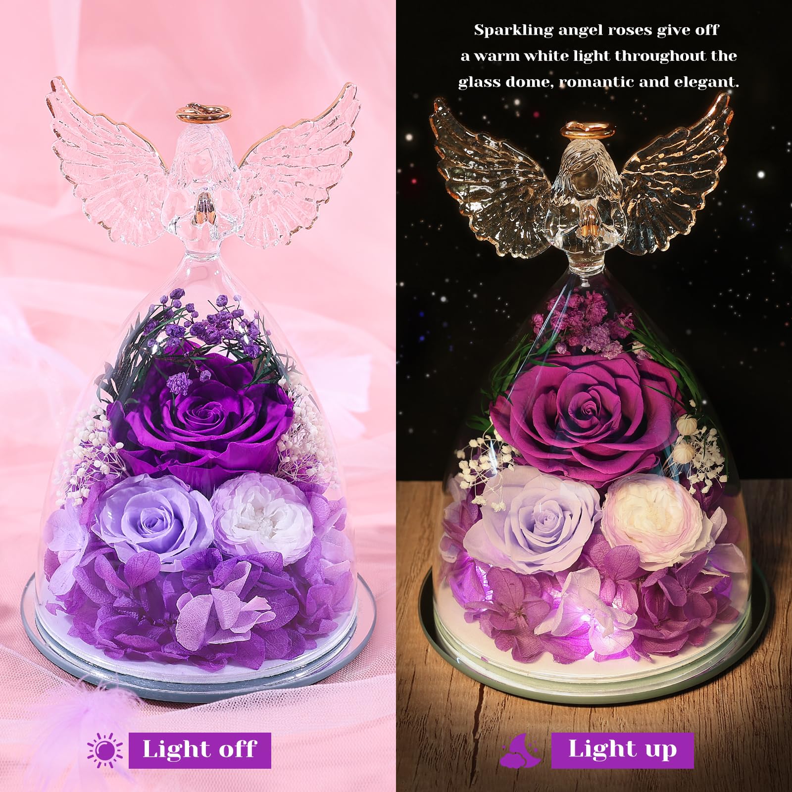 FIACO Gifts for Women Mom Preserved Rose Forever Flower in Glass Angel Figurine Fresh Flowers for Delivery Birthday Gifts for Grandma Wife Sister Christmas Anniversary Eternal Purple Roses - Image 6