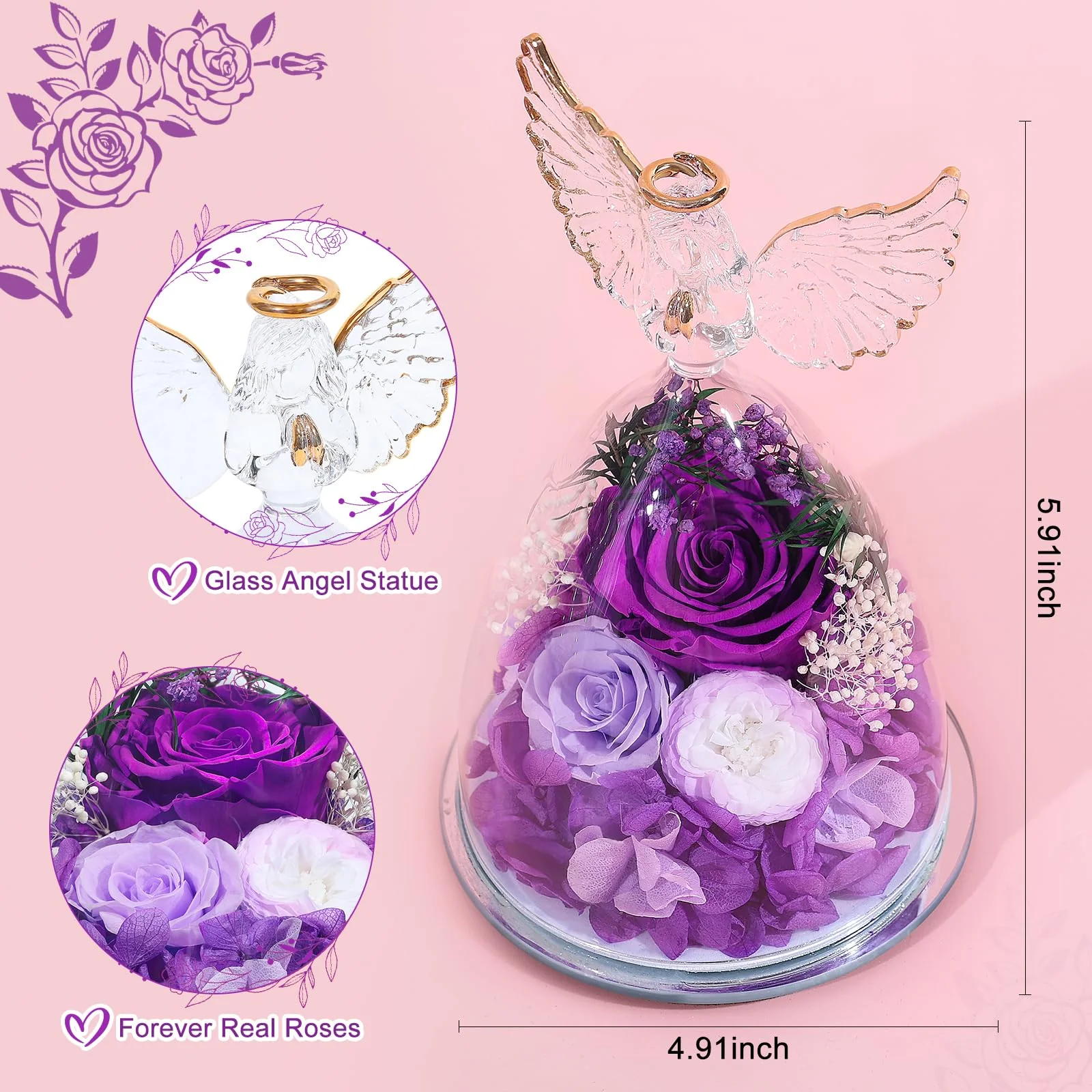 FIACO Gifts for Women Mom Preserved Rose Forever Flower in Glass Angel Figurine Fresh Flowers for Delivery Birthday Gifts for Grandma Wife Sister Christmas Anniversary Eternal Purple Roses - Image 7