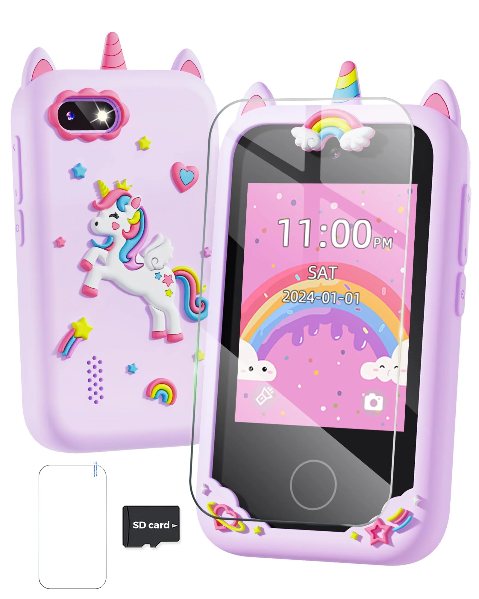 Fiechcco Gifts for Girls Age 6-8 Smart Phone Easter Christmas Stocking Stuffers for Kids Toy for Teenage 3 4 5 7 9 6 8 Year Old Birthday Gift Ideas with 8G SD Card (Purple)